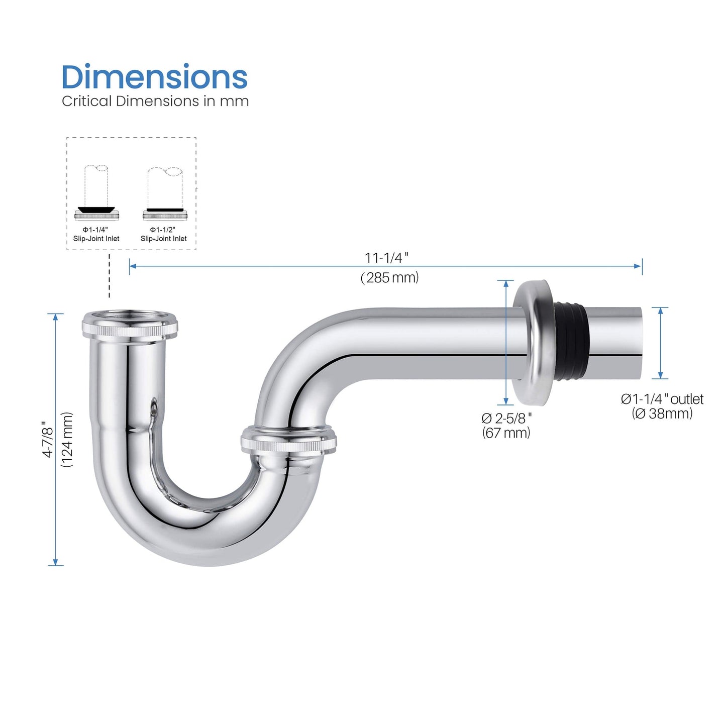 KIBI Brass 1.5" Bathroom Sink Decorative P-Trap in Chrome Finish