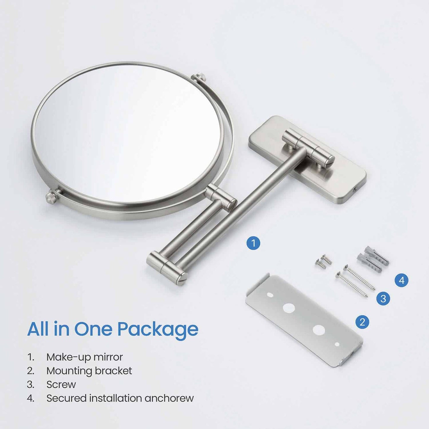 KIBI Circular Brass Bathroom Magnifying Makeup Shaving Mirror in Brushed Nickel Frame Finish