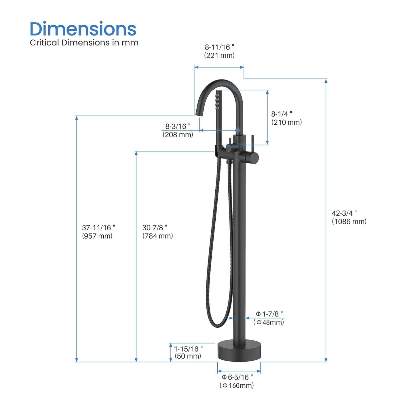 KIBI Circular Brass Single Handle Floor Mounted Freestanding Tub Filler With Hand Shower in Matte Black Finish