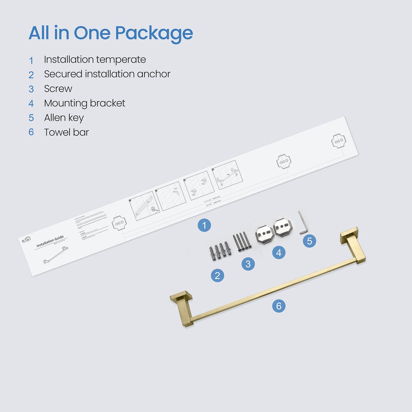KIBI Cube 18" Brass Bathroom Towel Bar in Brushed Gold Finish