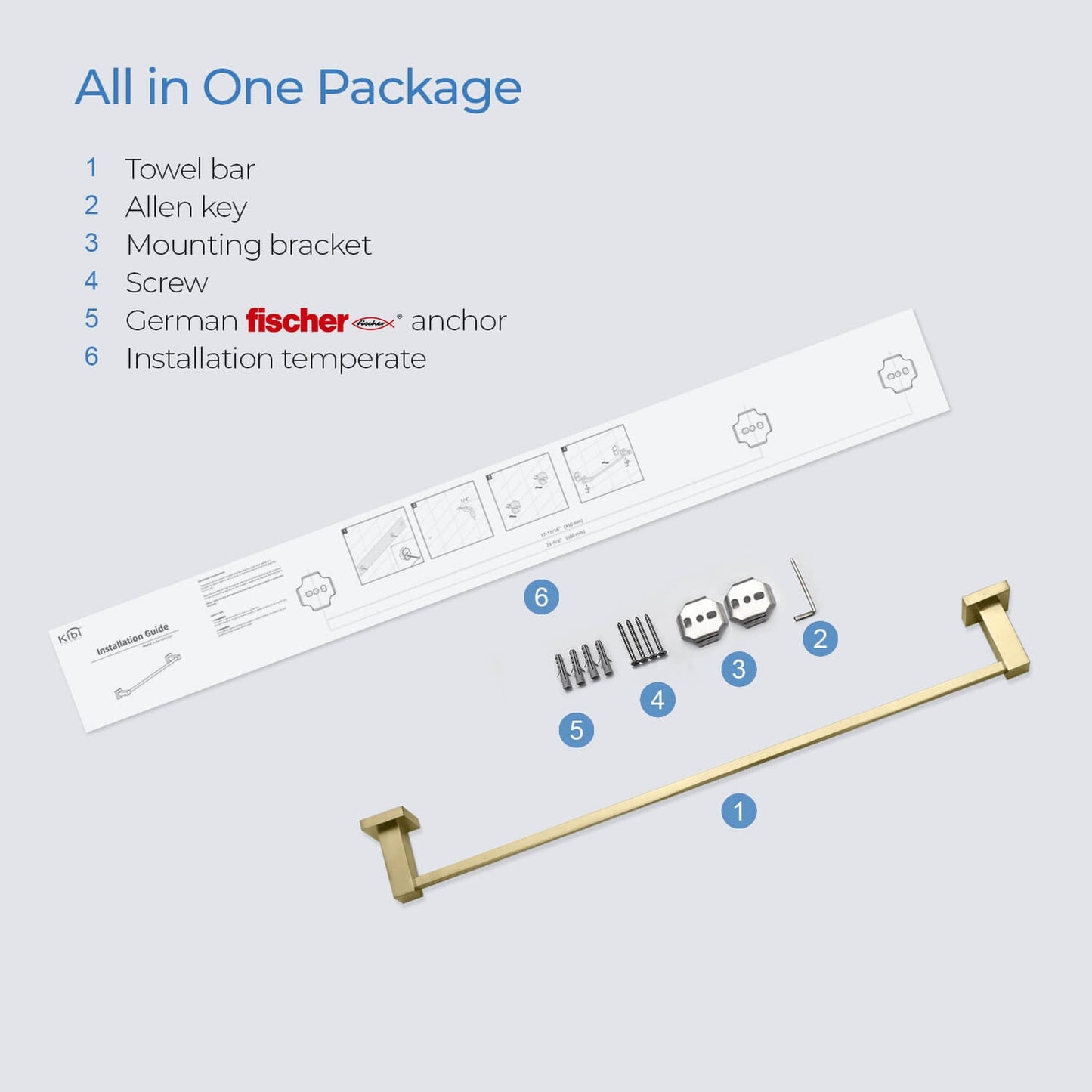 KIBI Cube 24" Brass Bathroom Towel Bar in Brushed Gold Finish