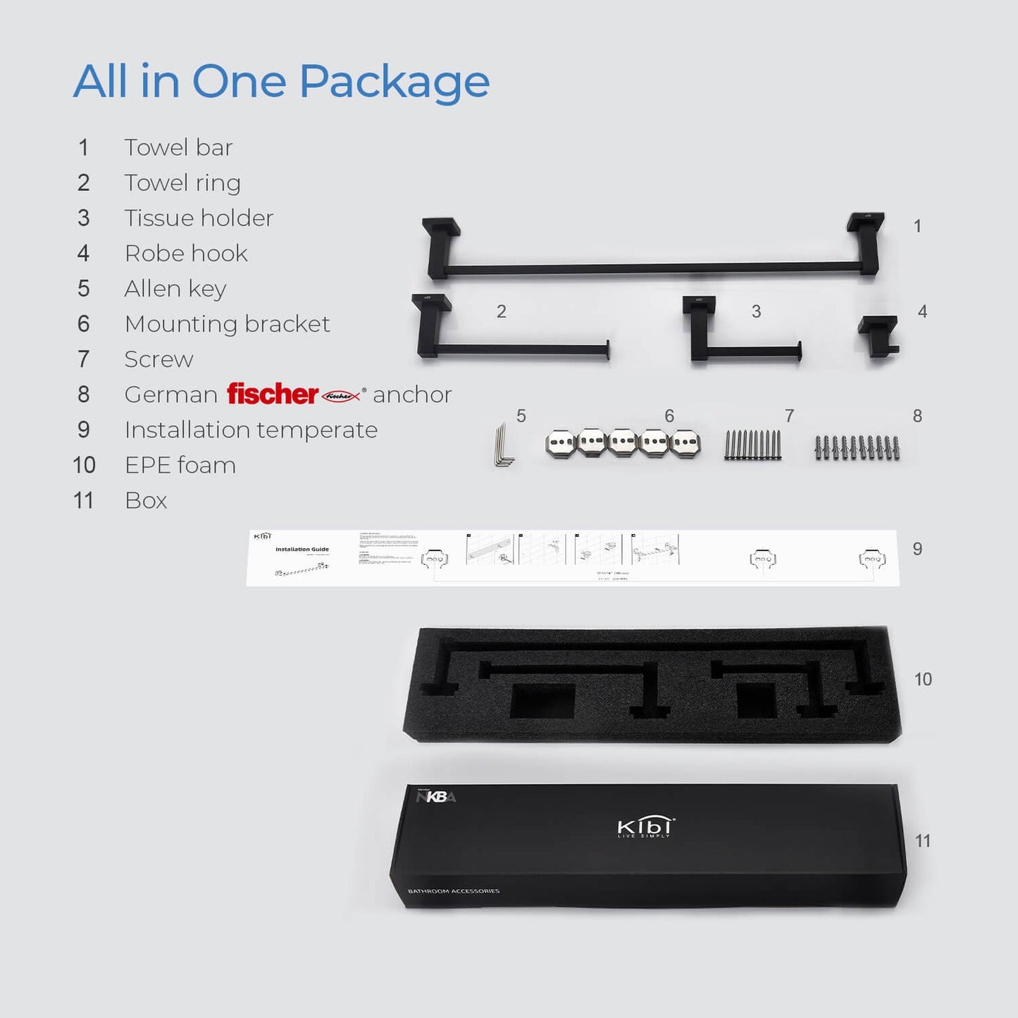 KIBI Cube Brass 4 Piece Bathroom Hardware Set in Matte Black Finish