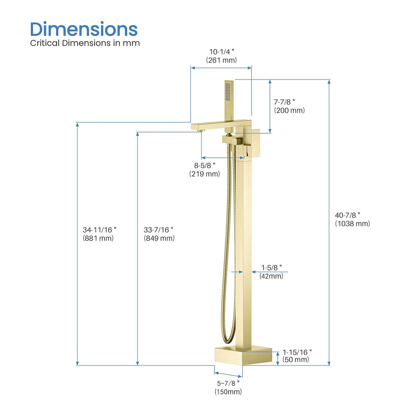 KIBI Cube Brass Single Handle Floor Mounted Freestanding Tub Filler With Hand Shower in Brushed Gold Finish