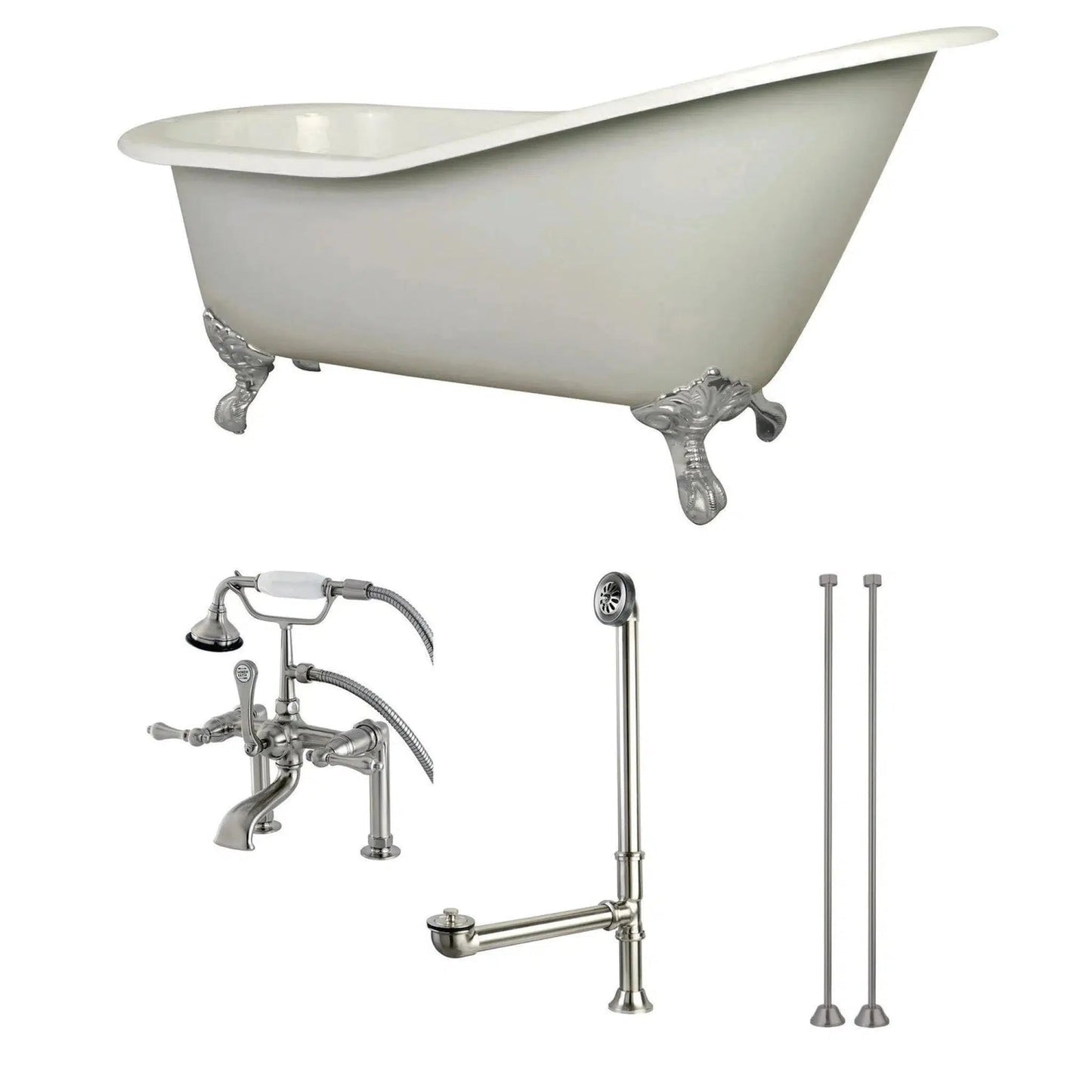 Kingston Brass Aqua Eden 62" x 31" White/Brushed Nickel Cast Iron Single Slipper Deck Mount Clawfoot Bathtub With Drain and Overflow