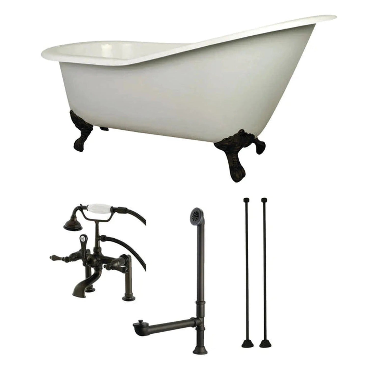 Kingston Brass Aqua Eden 62" x 31" White/Oil Rubbed Bronze Cast Iron Single Slipper Deck Mount Clawfoot Bathtub With Drain and Overflow