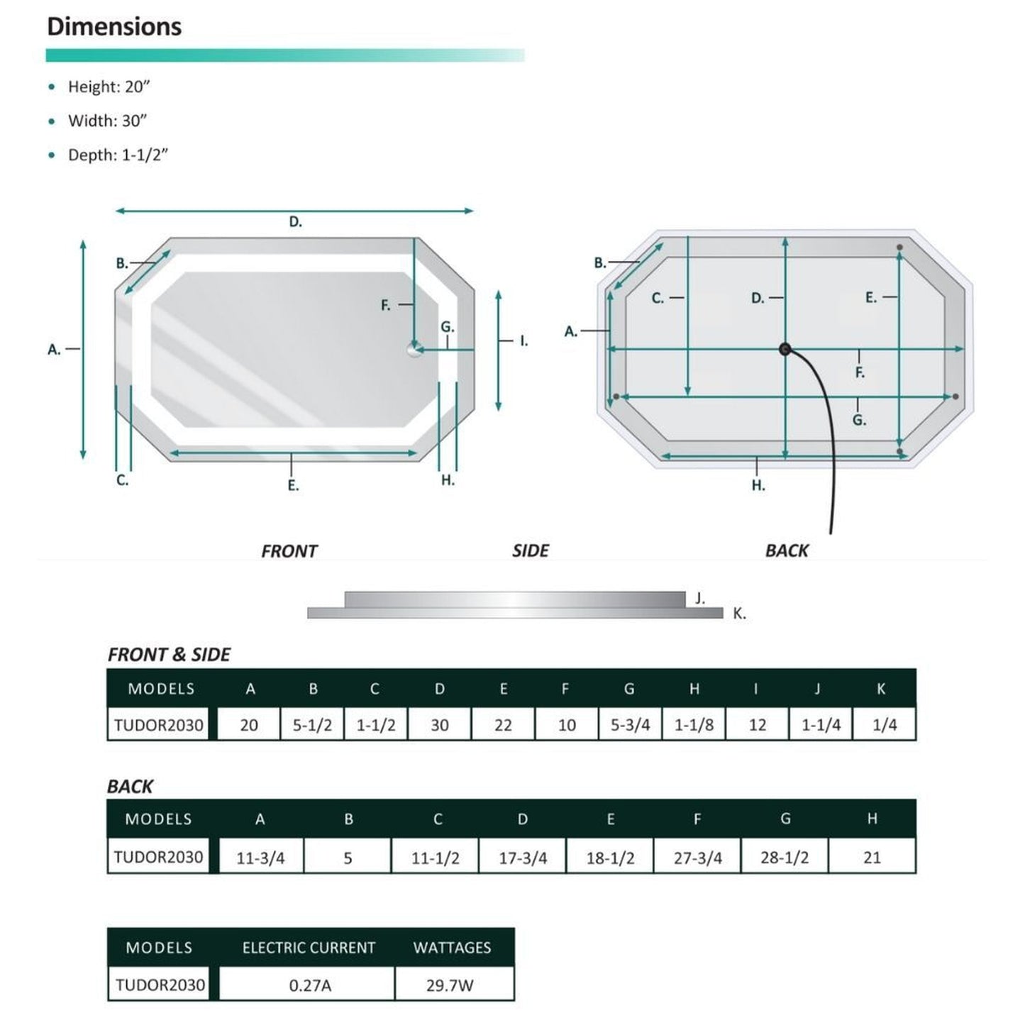 Krugg Reflections Tudor 30" x 20" 5000K Octagon Wall-Mounted Illuminated Silver Backed LED Mirror With Built-in Defogger and Touch Sensor On/Off Built-in Dimmer