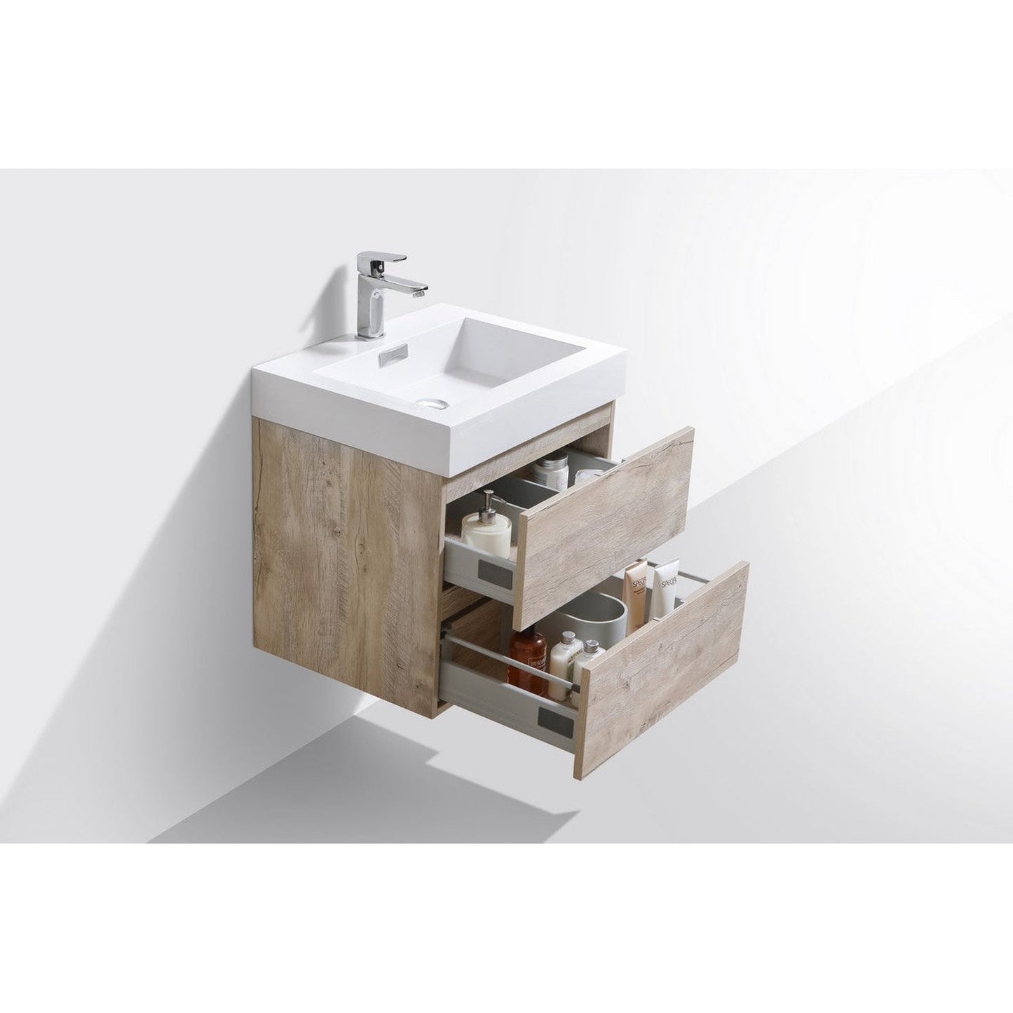 KubeBath Bliss 24" Nature Wood Wall-Mounted Modern Bathroom Vanity With Single Integrated Acrylic Sink With Overflow and 24" Wood Framed Mirror With Shelf