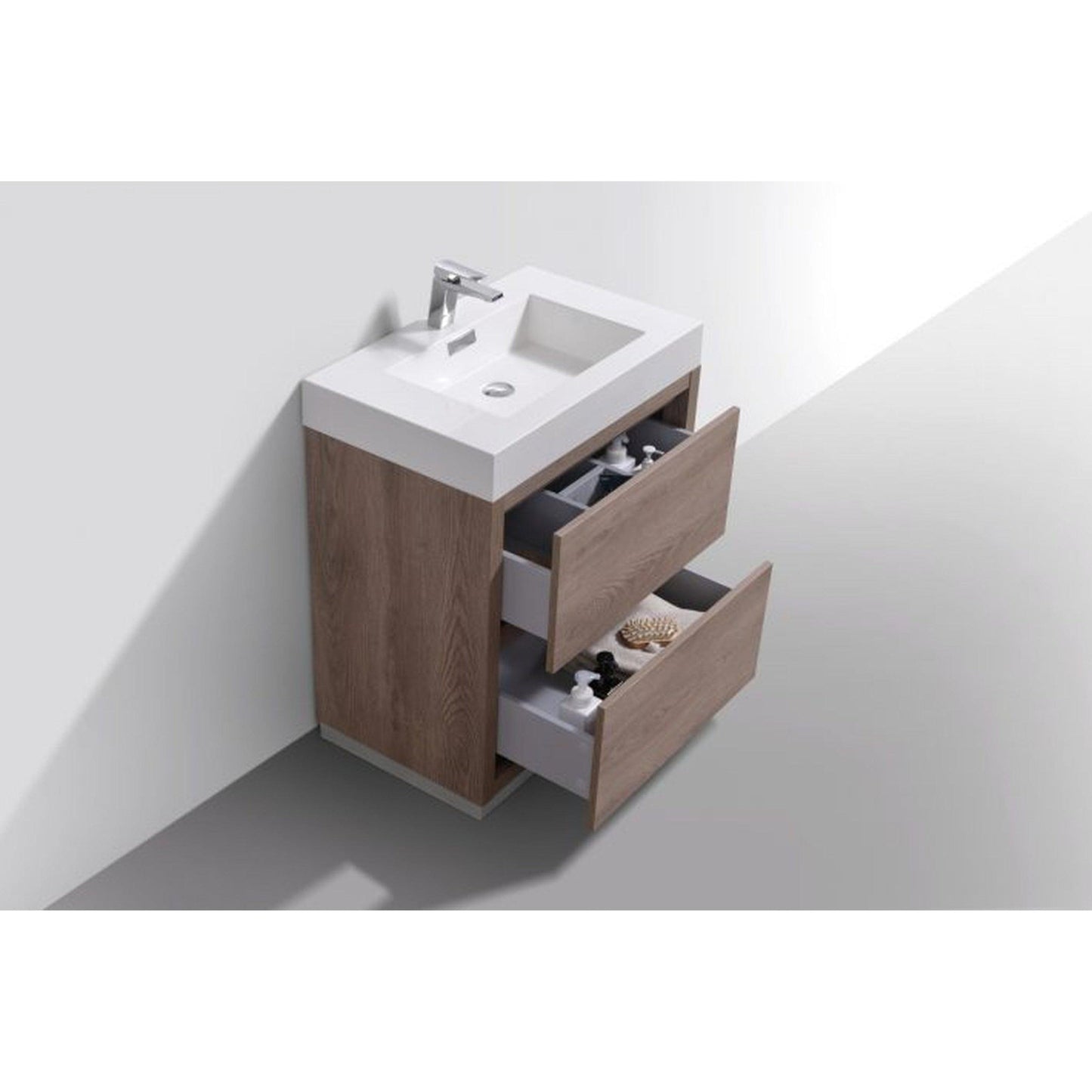 KubeBath Bliss 30" Butternut Freestanding Modern Bathroom Vanity With Single Integrated Acrylic Sink With Overflow