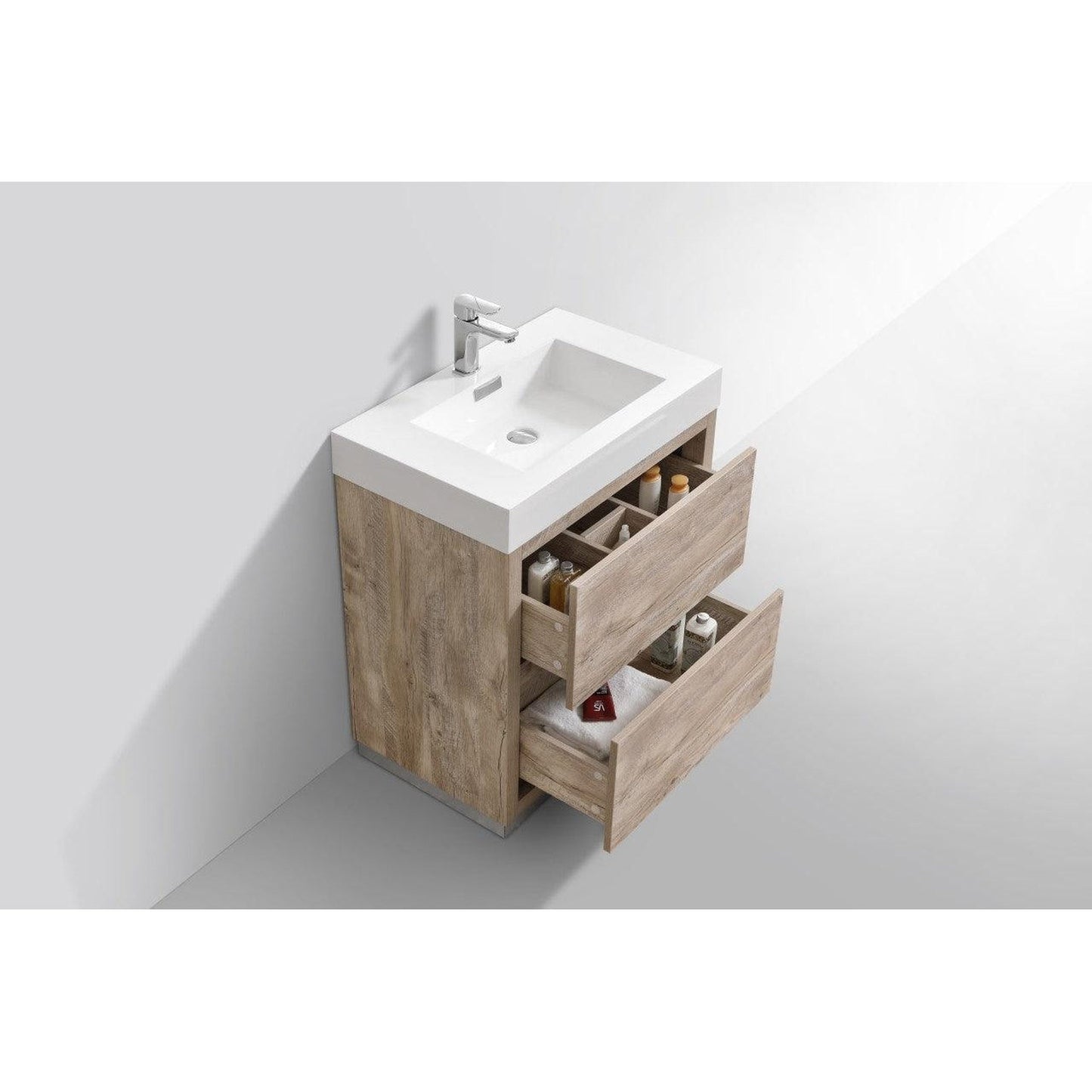 KubeBath Bliss 30" Nature Wood Freestanding Modern Bathroom Vanity With Single Integrated Acrylic Sink With Overflow and 30" Wood Framed Mirror With Shelf