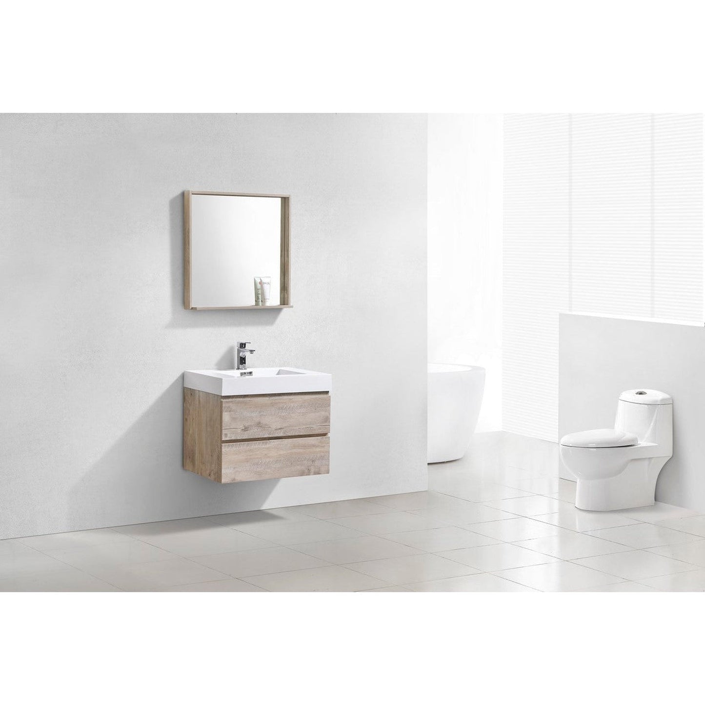 KubeBath Bliss 30" Nature Wood Wall-Mounted Modern Bathroom Vanity With Single Integrated Acrylic Sink With Overflow and 30" Wood Framed Mirror With Shelf