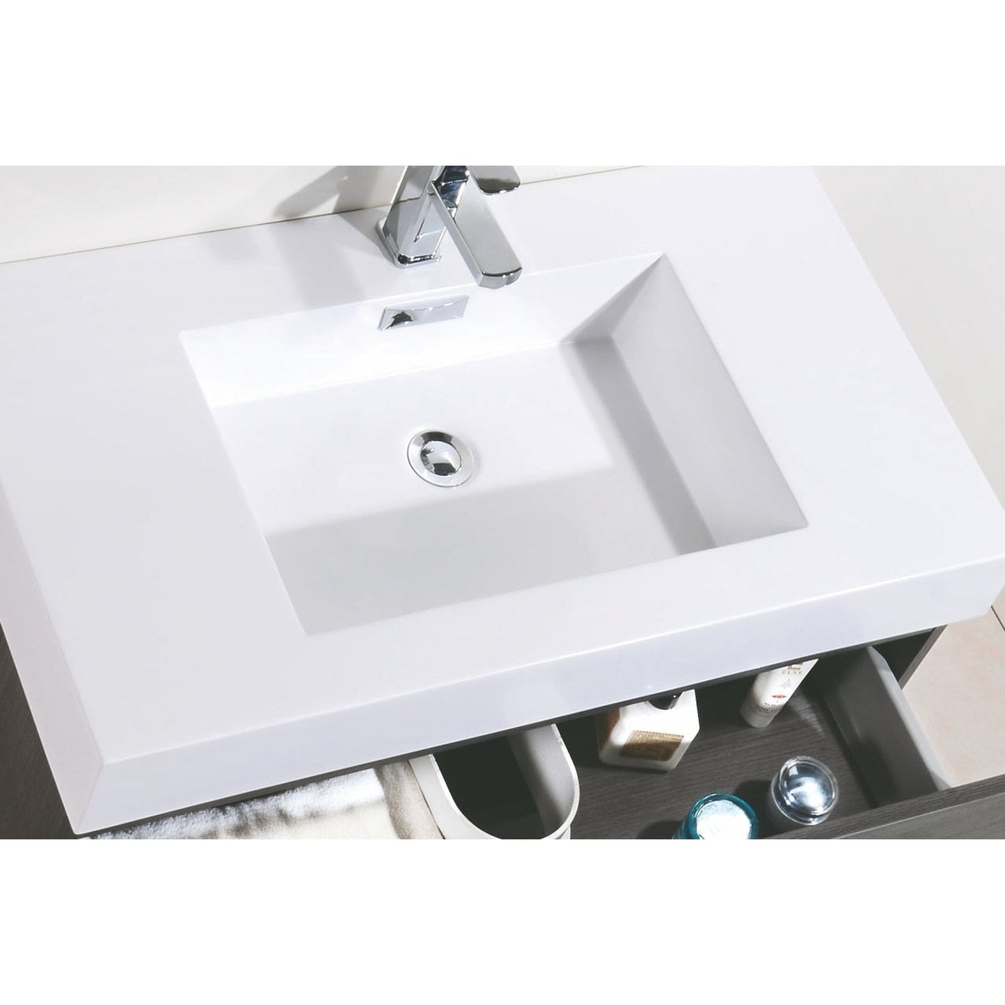 KubeBath Bliss 36" Gray Oak Wall-Mounted Modern Bathroom Vanity With Single Integrated Acrylic Sink With Overflow