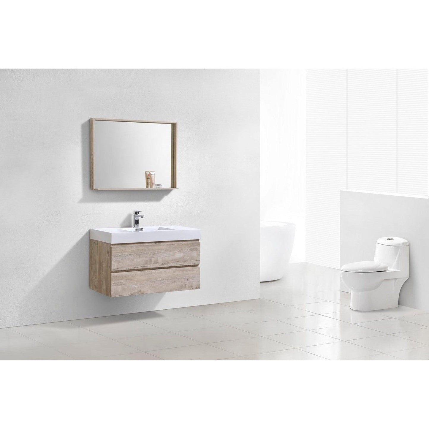 KubeBath Bliss 40" Nature Wood Wall-Mounted Modern Bathroom Vanity With Single Integrated Acrylic Sink With Overflow and 36" Wood Framed Mirror With Shelf