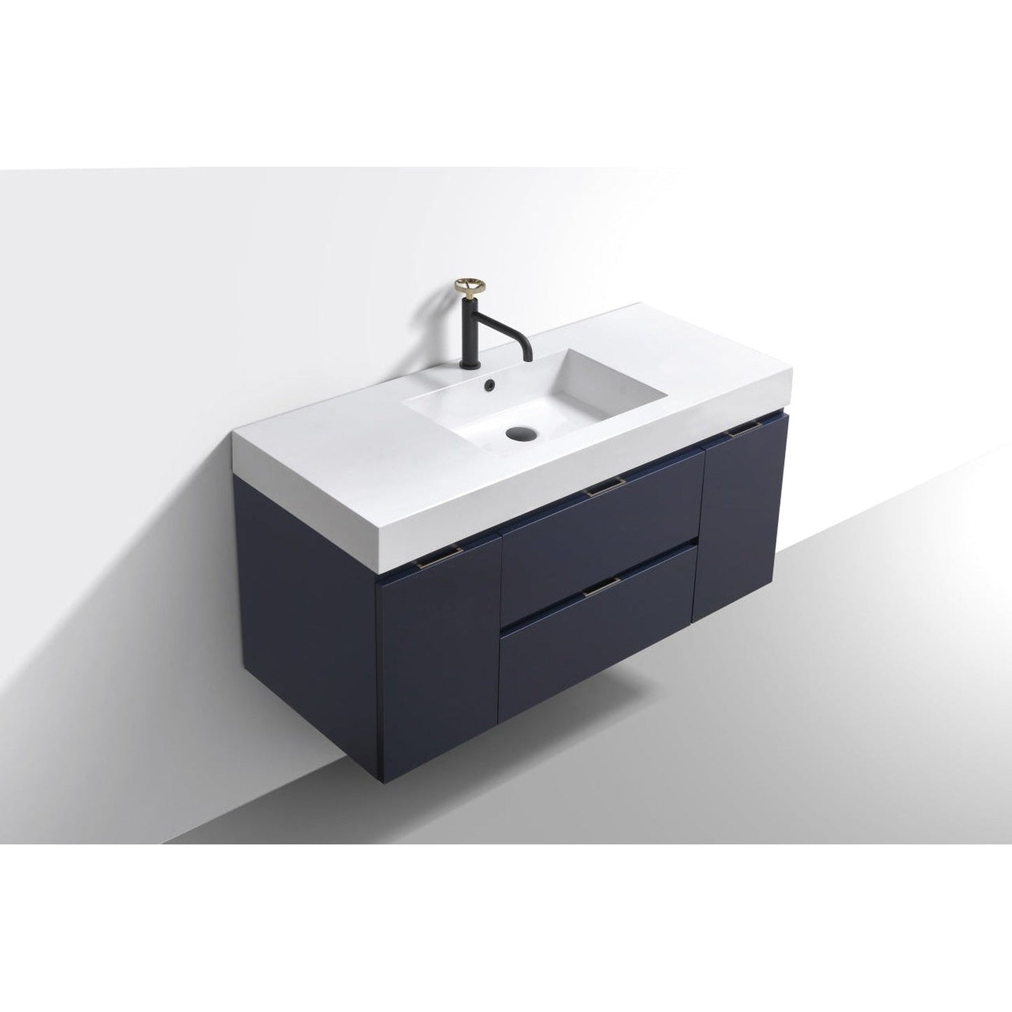 KubeBath Bliss 48" Blue Wall-Mounted Modern Bathroom Vanity With Single Integrated Acrylic Sink With Overflow and 48" White Framed Mirror With Shelf