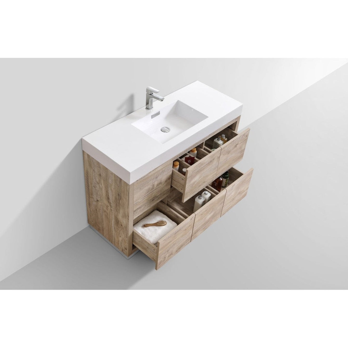 KubeBath Bliss 48" Nature Wood Freestanding Modern Bathroom Vanity With Single Integrated Acrylic Sink With Overflow and 48" Wood Framed Mirror With Shelf