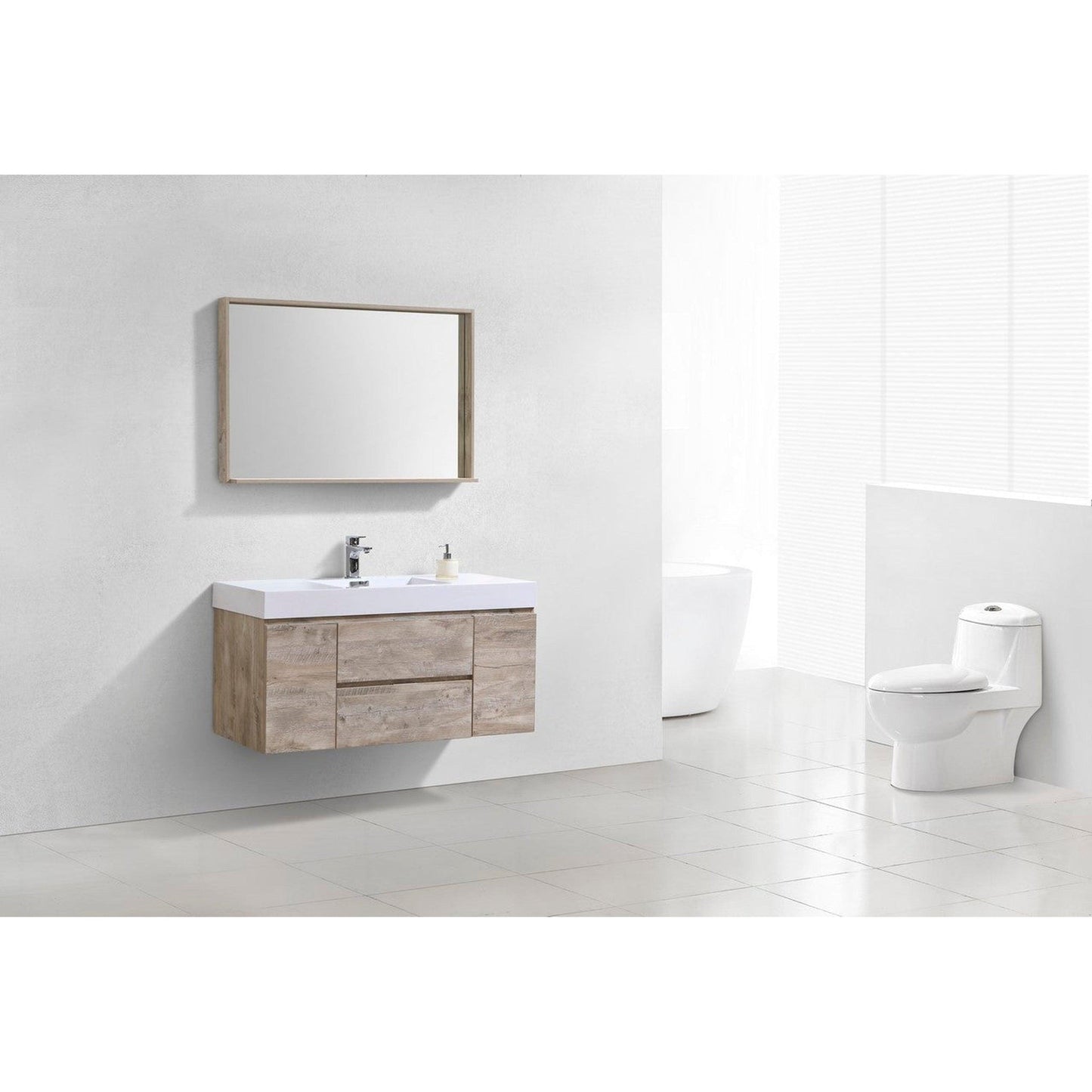 KubeBath Bliss 48" Nature Wood Wall-Mounted Modern Bathroom Vanity With Single Integrated Acrylic Sink With Overflow and 48" Wood Framed Mirror With Shelf