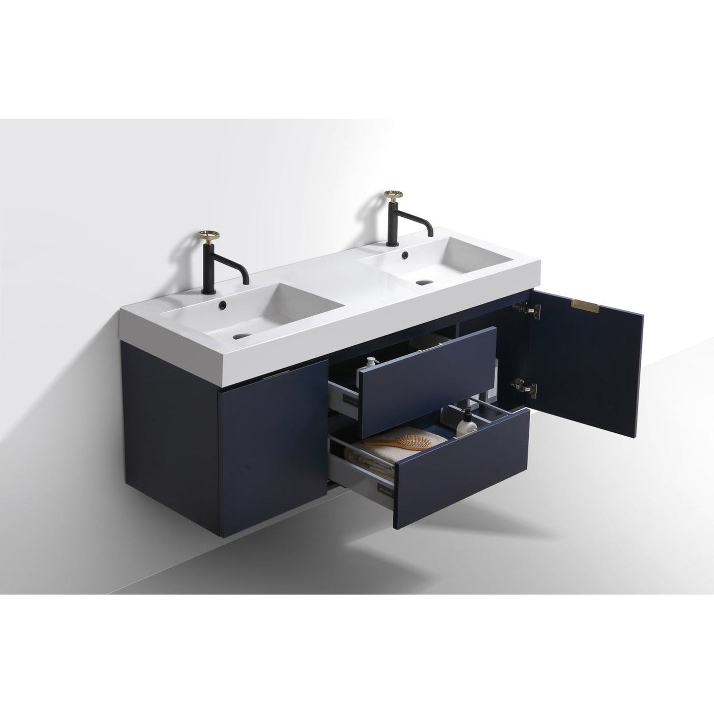 KubeBath Bliss 60" Blue Wall-Mounted Modern Bathroom Vanity With Double Integrated Acrylic Sink With Overflow and 60" White Wood Framed Mirror With Shelf