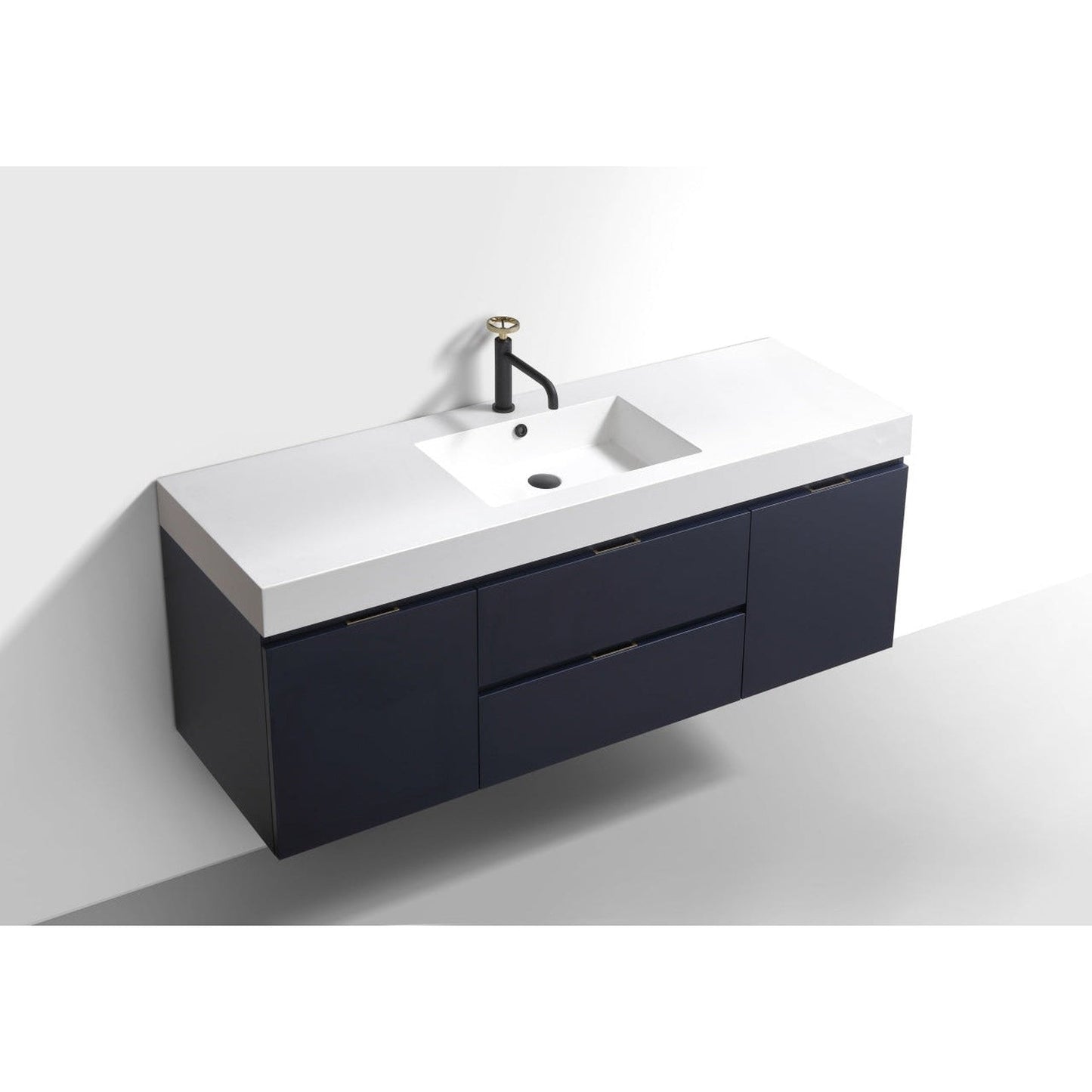 KubeBath Bliss 60" Blue Wall-Mounted Modern Bathroom Vanity With Single Integrated Acrylic Sink With Overflow and 60" White Wood Framed Mirror With Shelf