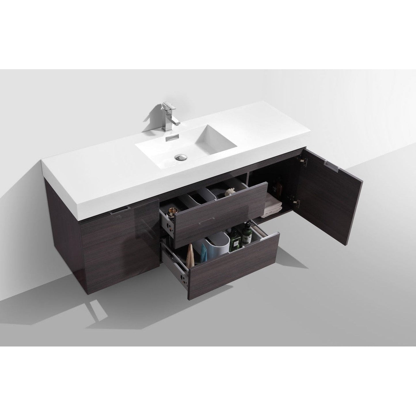 KubeBath Bliss 60" High Gloss Gray Oak Wall-Mounted Modern Bathroom Vanity With Single Integrated Acrylic Sink With Overflow