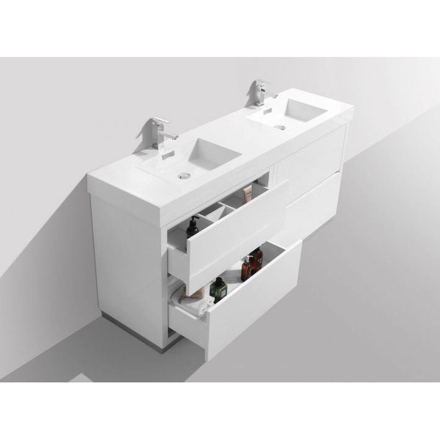 KubeBath Bliss 60" High Gloss White Freestanding Modern Bathroom Vanity With Double Integrated Acrylic Sink With Overflow