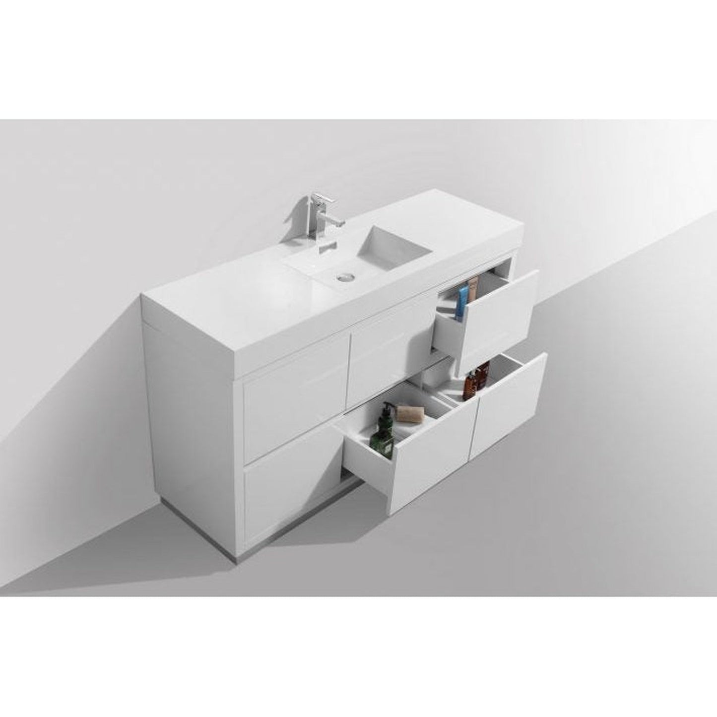 KubeBath Bliss 60" High Gloss White Freestanding Modern Bathroom Vanity With Single Integrated Acrylic Sink With Overflow