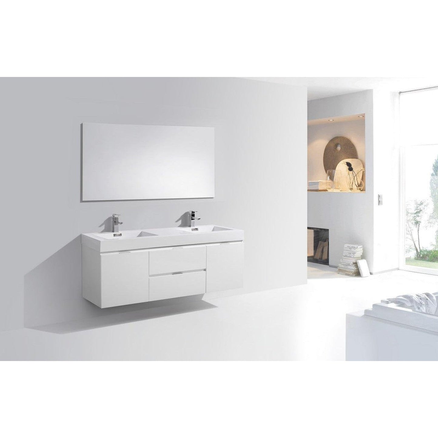 KubeBath Bliss 60" High Gloss White Wall-Mounted Modern Bathroom Vanity With Double Integrated Acrylic Sink With Overflow and 60" White Framed Mirror With Shelf