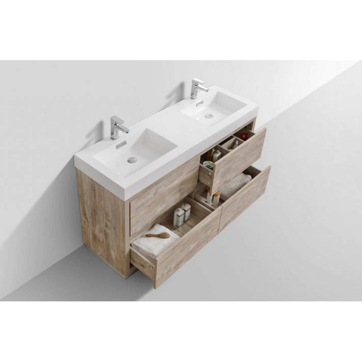 KubeBath Bliss 60" Nature Wood Freestanding Modern Bathroom Vanity With Double Integrated Acrylic Sink With Overflow