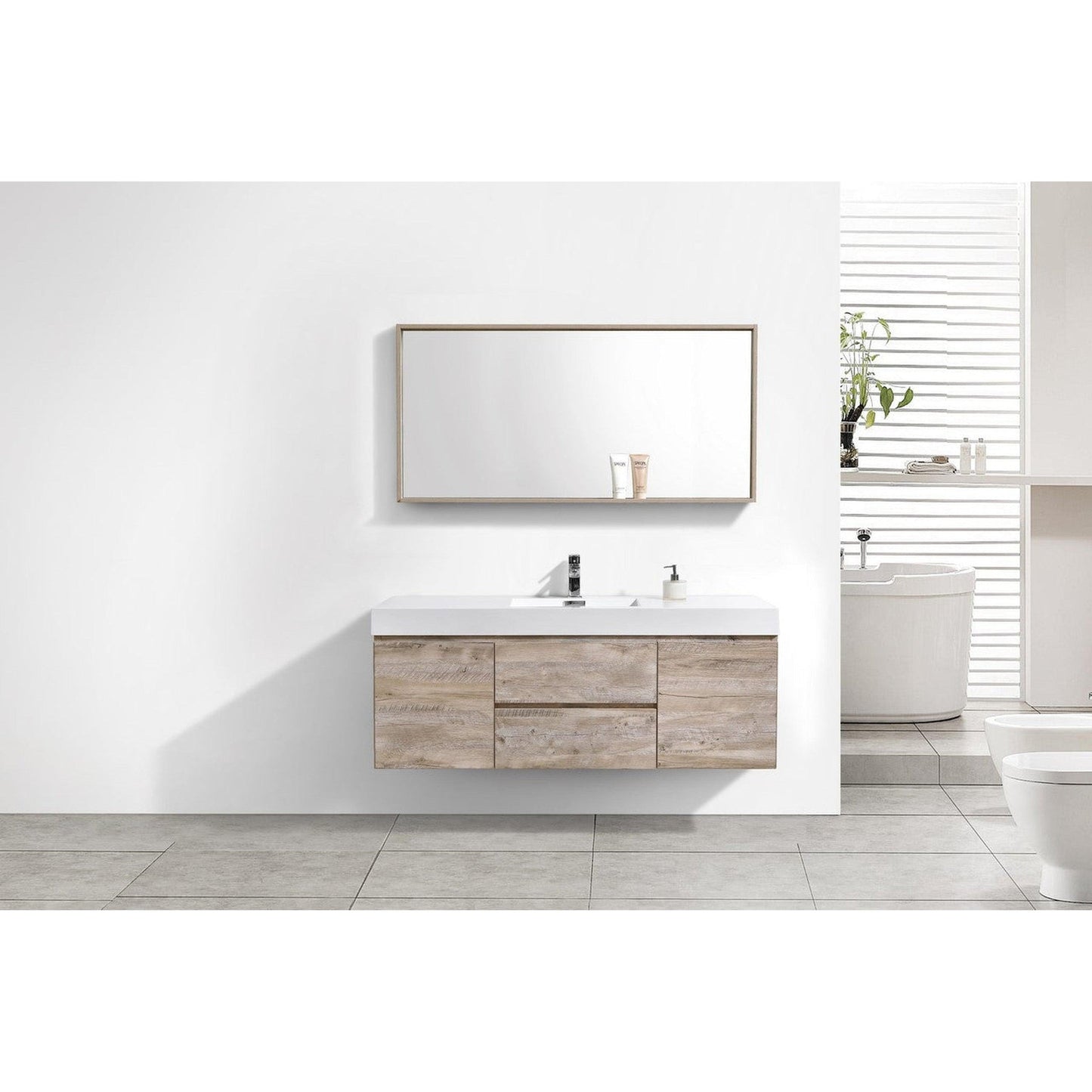 KubeBath Bliss 60" Nature Wood Wall-Mounted Modern Bathroom Vanity With Single Integrated Acrylic Sink With Overflow