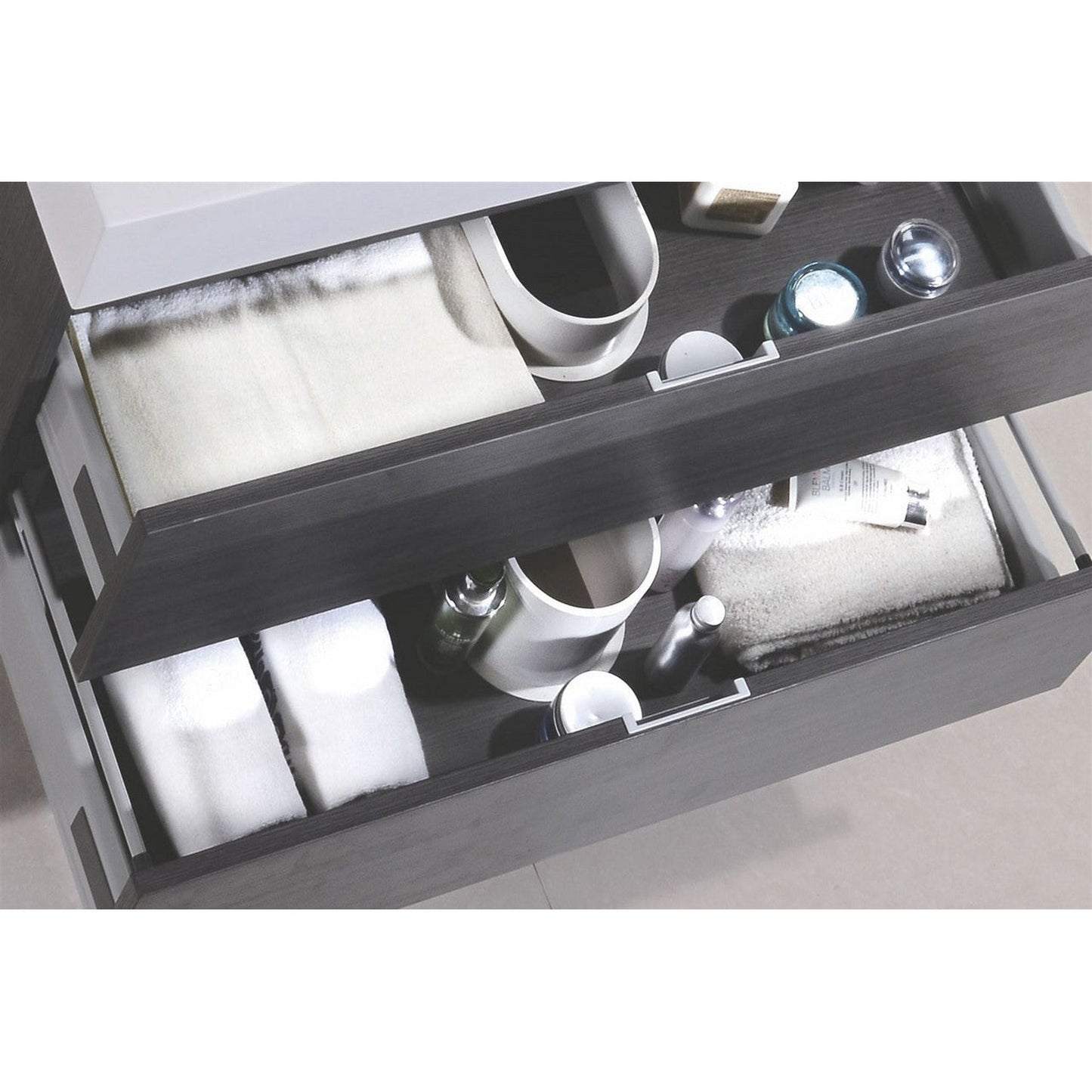 KubeBath Bliss 72" Gray Oak Wall-Mounted Modern Bathroom Vanity With Double Integrated Acrylic Sink With Overflow and 22" Gray Oak Framed Two Mirrors With Shelf