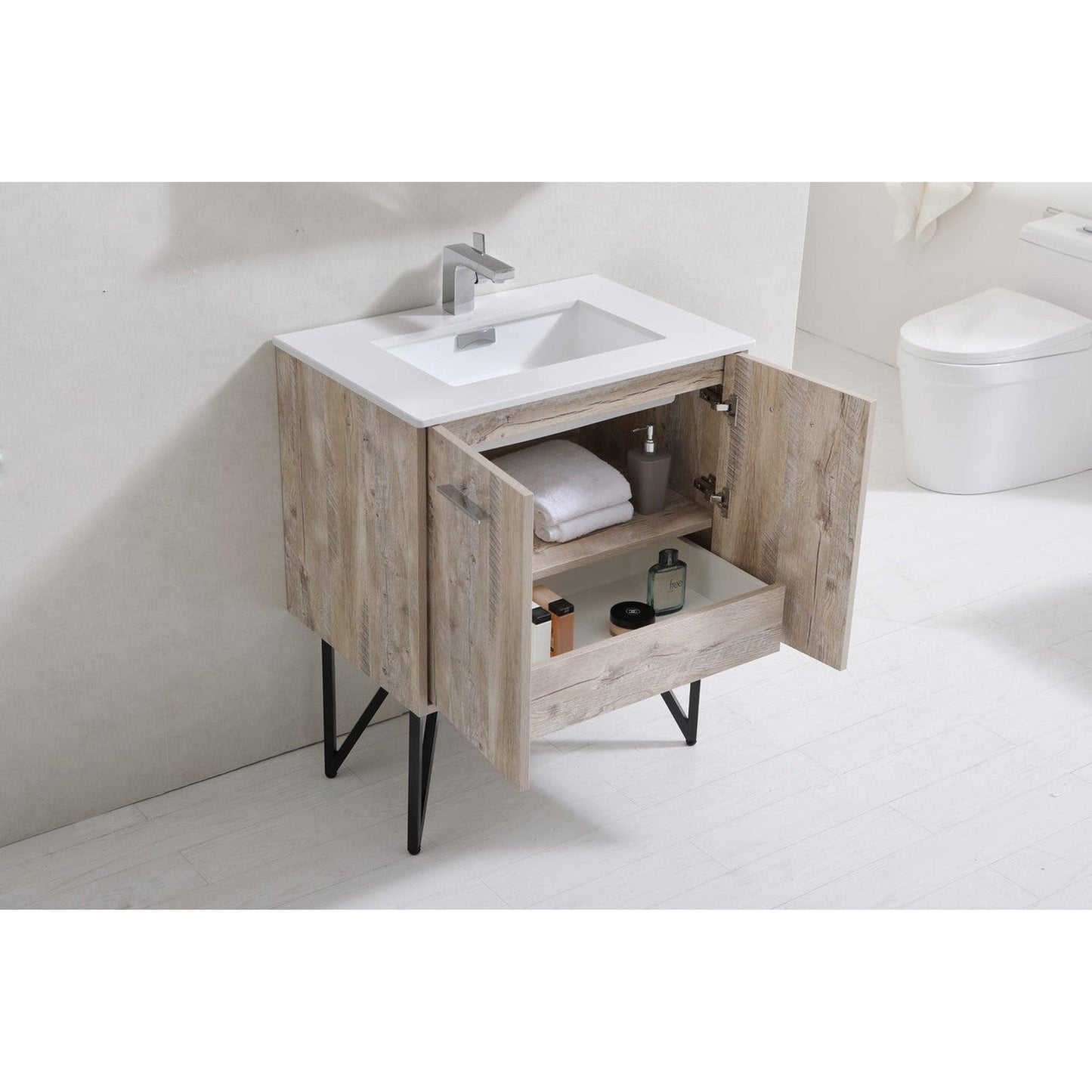 KubeBath Bosco 30" Nature Wood Modern Freestanding Bathroom Vanity With Single Undermount Sink With Overflow and 30" Narure Wood Framed Mirror