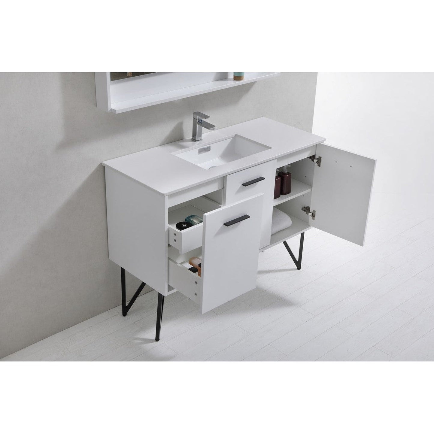 KubeBath Bosco 48" High Gloss White Modern Freestanding Bathroom Vanity With Single Undermount Sink With Overflow and 48" White Framed Mirror