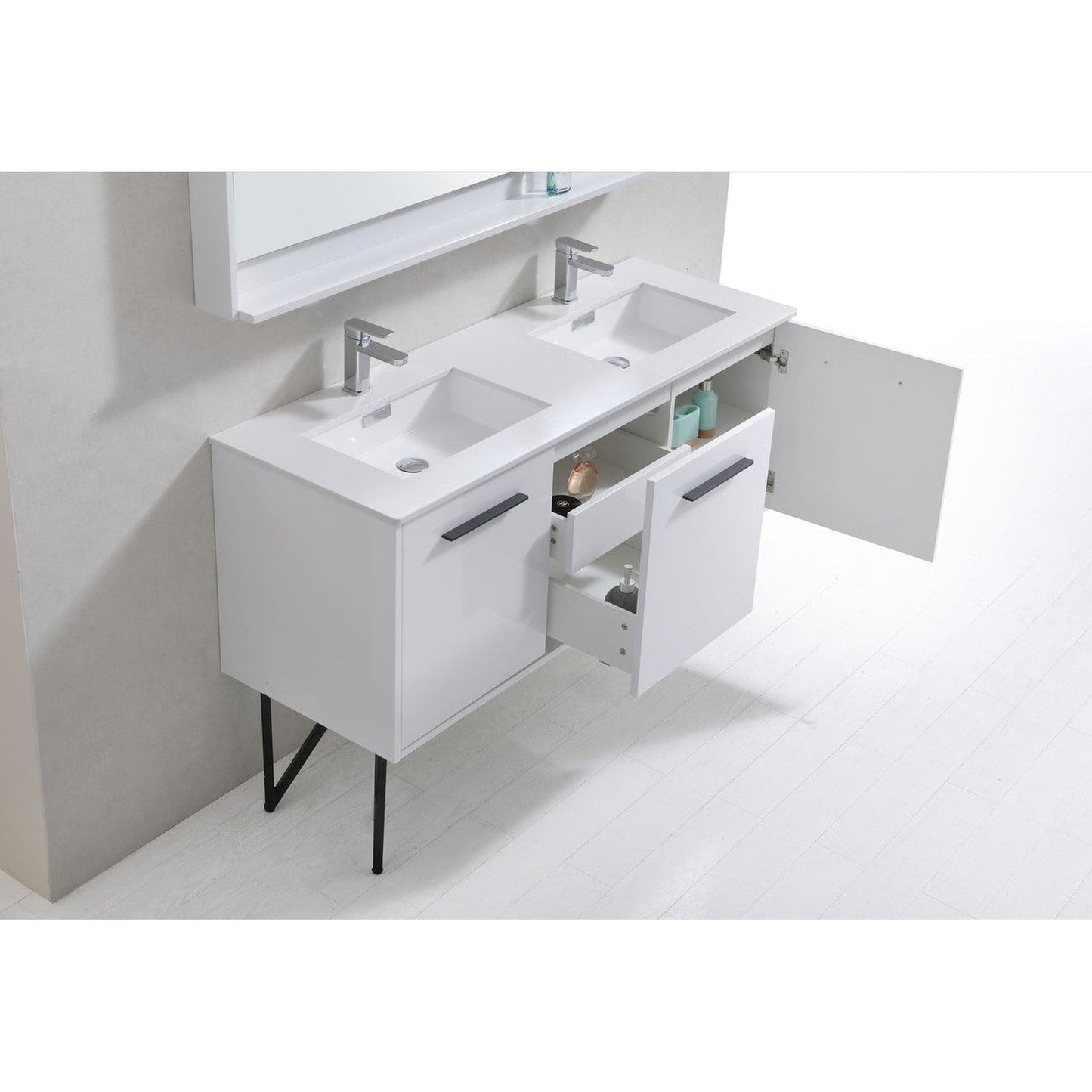 KubeBath Bosco 60" High Gloss White Modern Freestanding Bathroom Vanity With Single Undermount Sink With Overflow and 60" White Framed Mirror