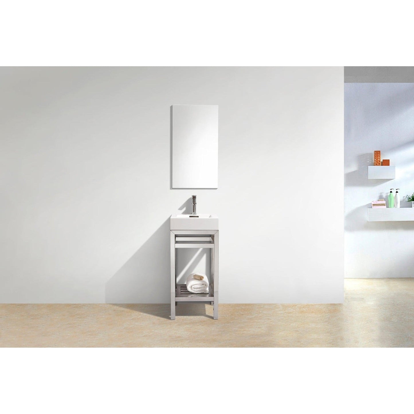 KubeBath Cisco 16" Stainless Steel Chrome Console Freestanding Modern Bathroom Vanity With Single Integrated Acrylic Sink With Overflow and 24" White Framed Mirror
