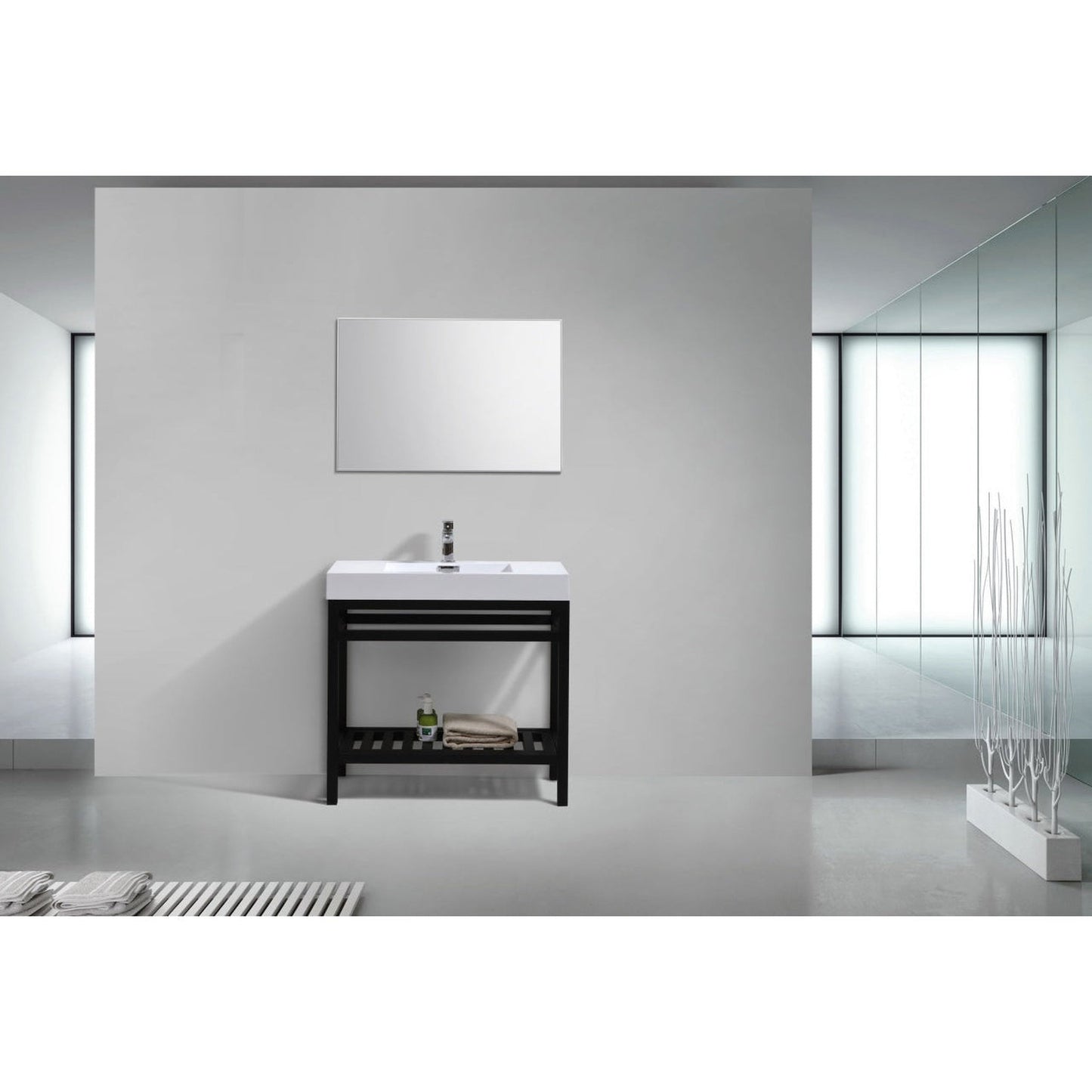 KubeBath Cisco 36" Stainless Steel Matte Black Console Freestanding Modern Bathroom Vanity With Single Integrated Acrylic Sink With Overflow and 34" Black Framed Mirror