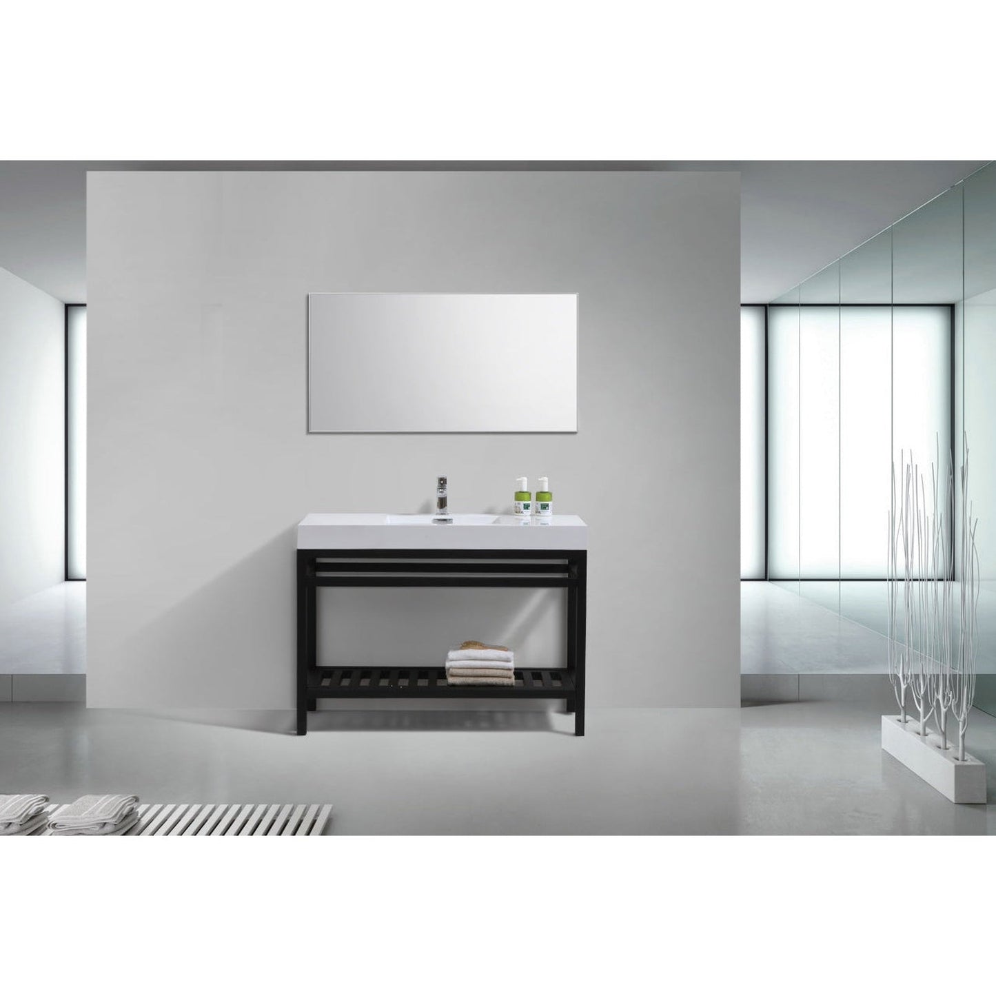 KubeBath Cisco 48" Stainless Steel Matte Black Console Freestanding Modern Bathroom Vanity With Single Integrated Acrylic Sink With Overflow and 44" Black Framed Mirror