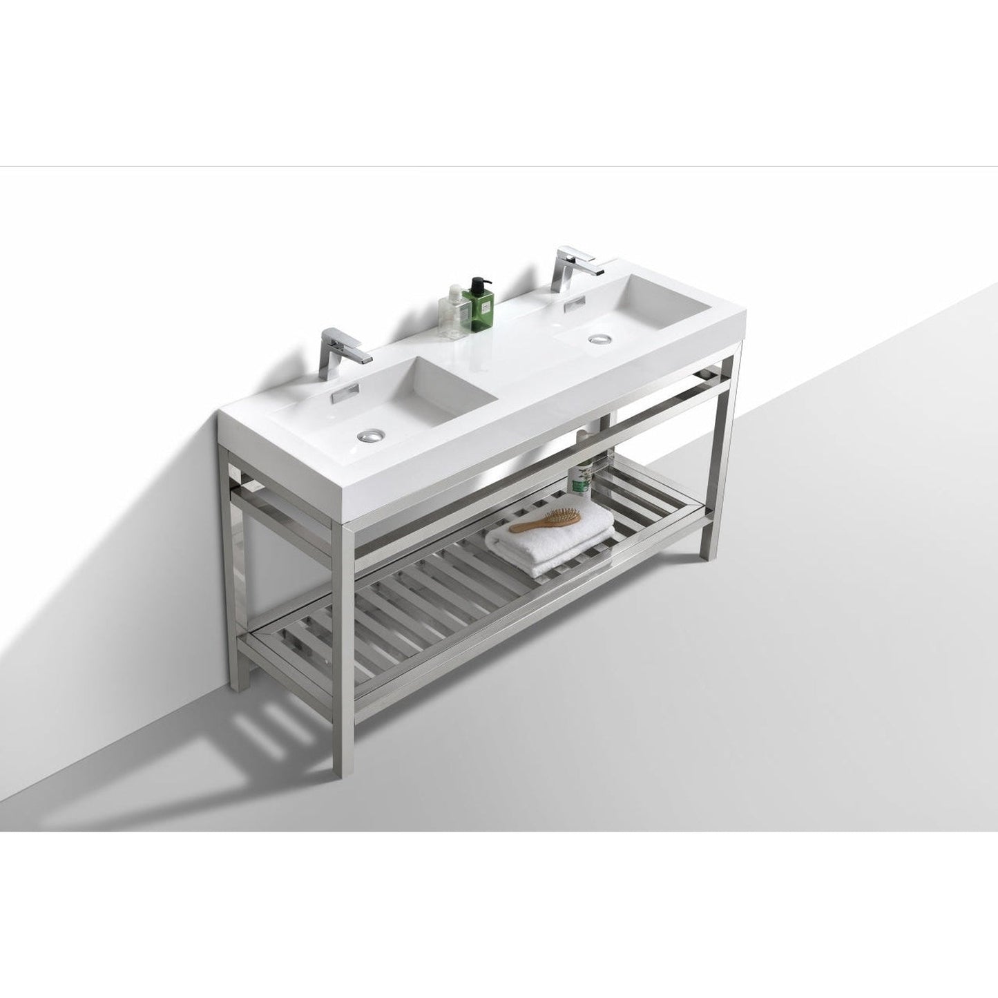 KubeBath Cisco 60" Stainless Steel Chrome Console Freestanding Modern Bathroom Vanity With Double Integrated Acrylic Sink With Overflow and 60" White Framed Mirror