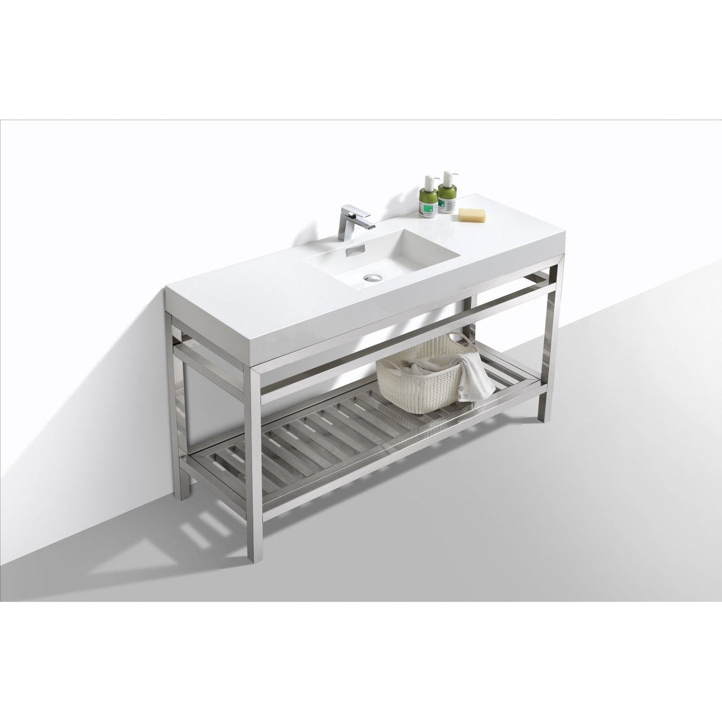 KubeBath Cisco 60" Stainless Steel Chrome Console Freestanding Modern Bathroom Vanity With Single Integrated Acrylic Sink With Overflow