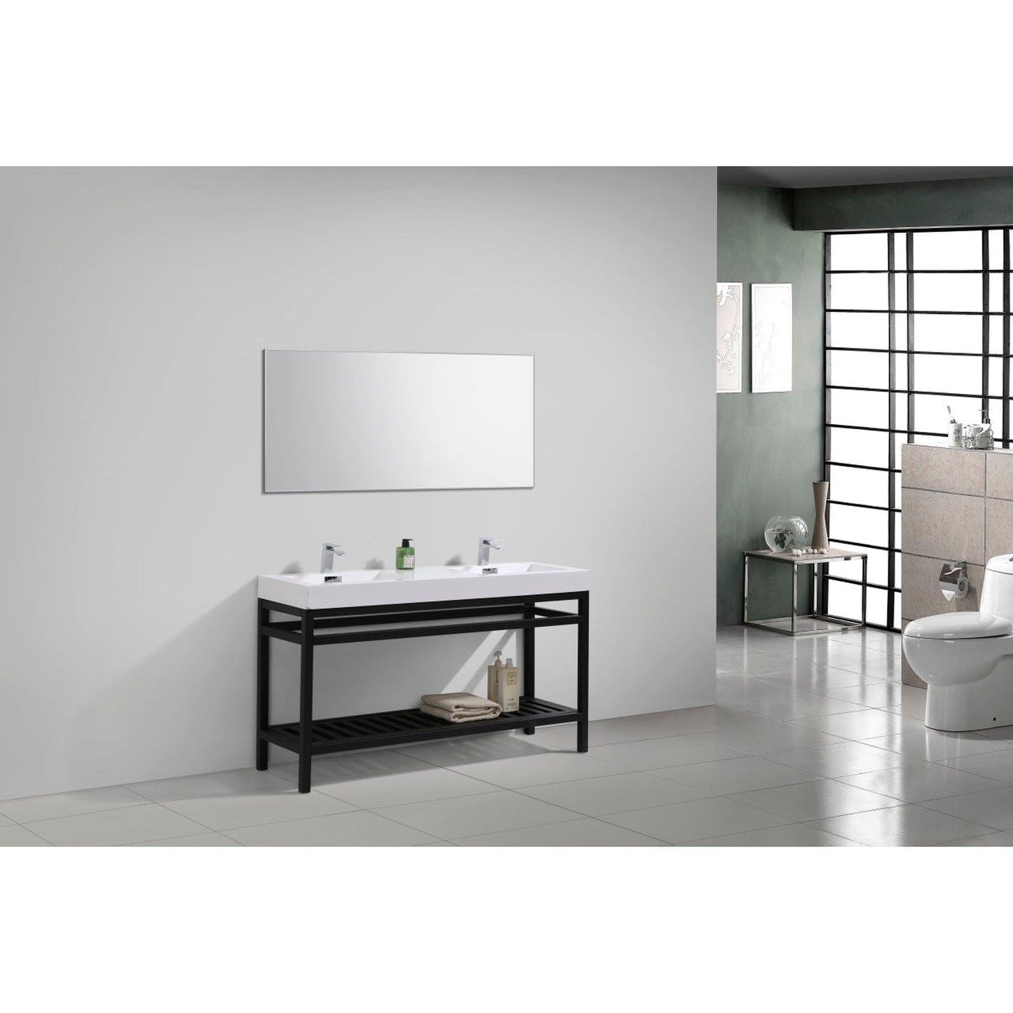 KubeBath Cisco 60" Stainless Steel Matte Black Console Freestanding Modern Bathroom Vanity With Double Integrated Acrylic Sink With Overflow