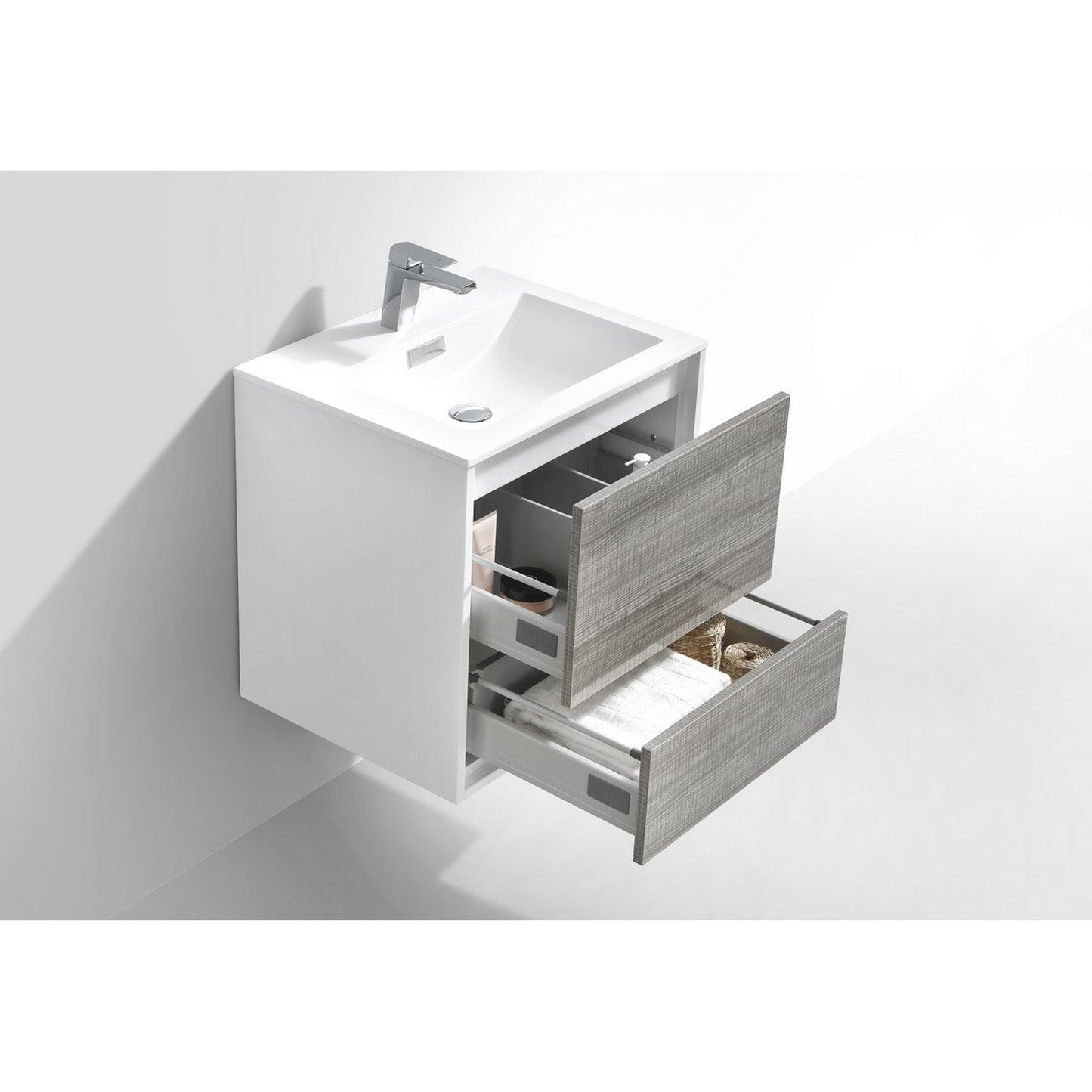 KubeBath DeLusso 24" Ash Gray Wall-Mounted Modern Bathroom Vanity With Single Integrated Acrylic Sink With Overflow