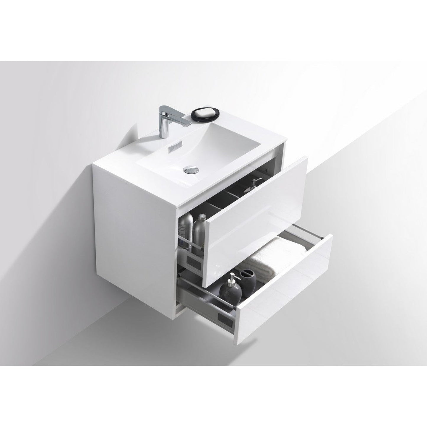 KubeBath DeLusso 30" High Gloss White Wall-Mounted Modern Bathroom Vanity With Single Integrated Acrylic Sink With Overflow
