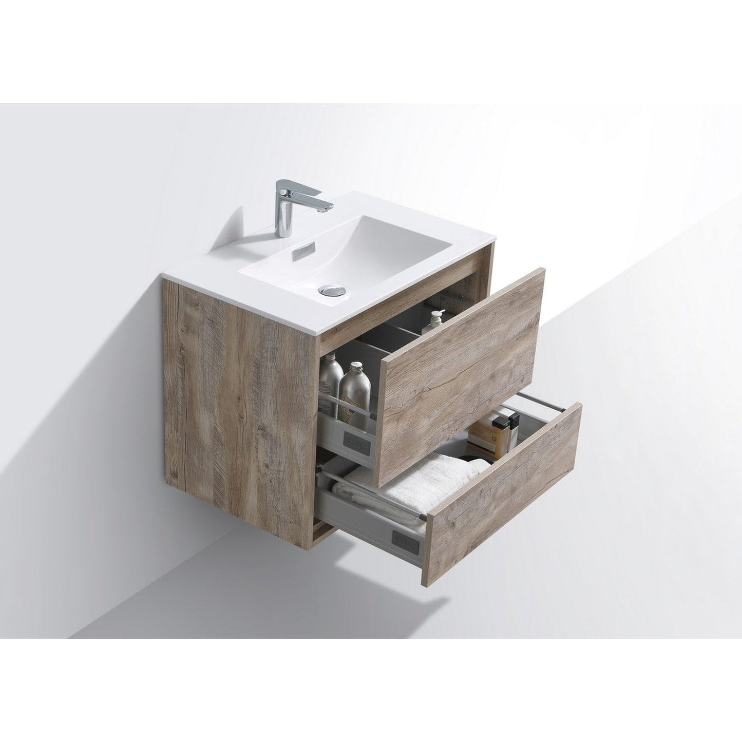 KubeBath DeLusso 30" Nature Wood Wall-Mounted Modern Bathroom Vanity With Single Integrated Acrylic Sink With Overflow