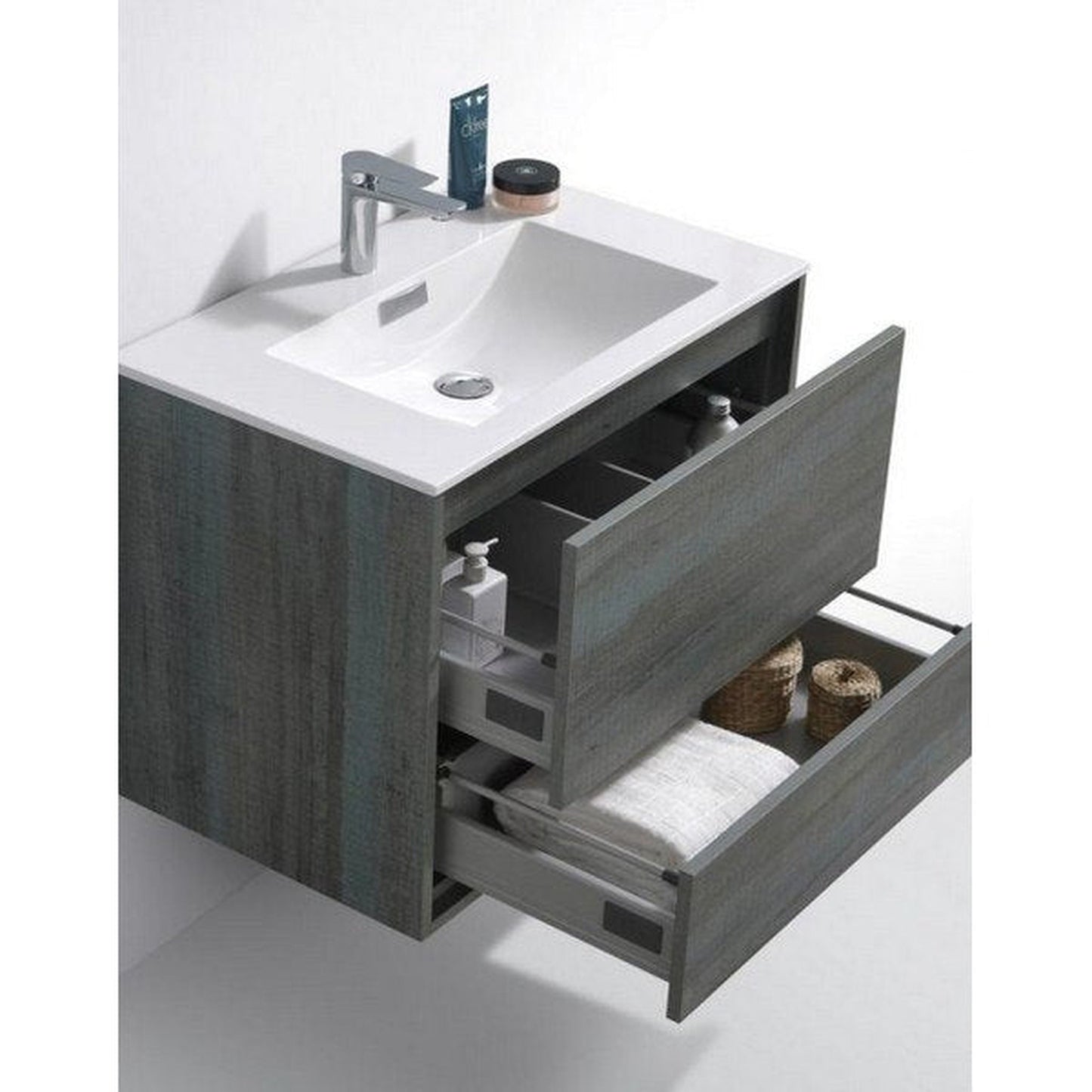 KubeBath DeLusso 30" Ocean Gray Wall-Mounted Modern Bathroom Vanity With Single Integrated Acrylic Sink With Overflow