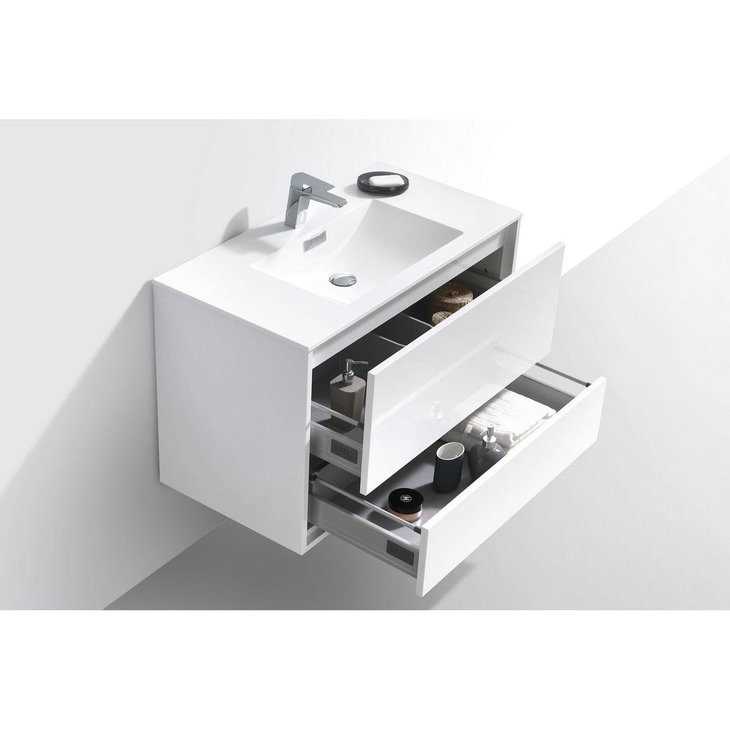 KubeBath DeLusso 36" High Gloss White Wall-Mounted Modern Bathroom Vanity With Single Integrated Acrylic Sink With Overflow