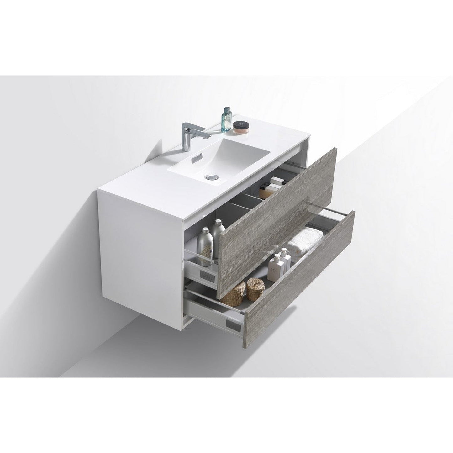 KubeBath DeLusso 48" Ash Gray Wall-Mounted Modern Bathroom Vanity With Single Integrated Acrylic Sink With Overflow