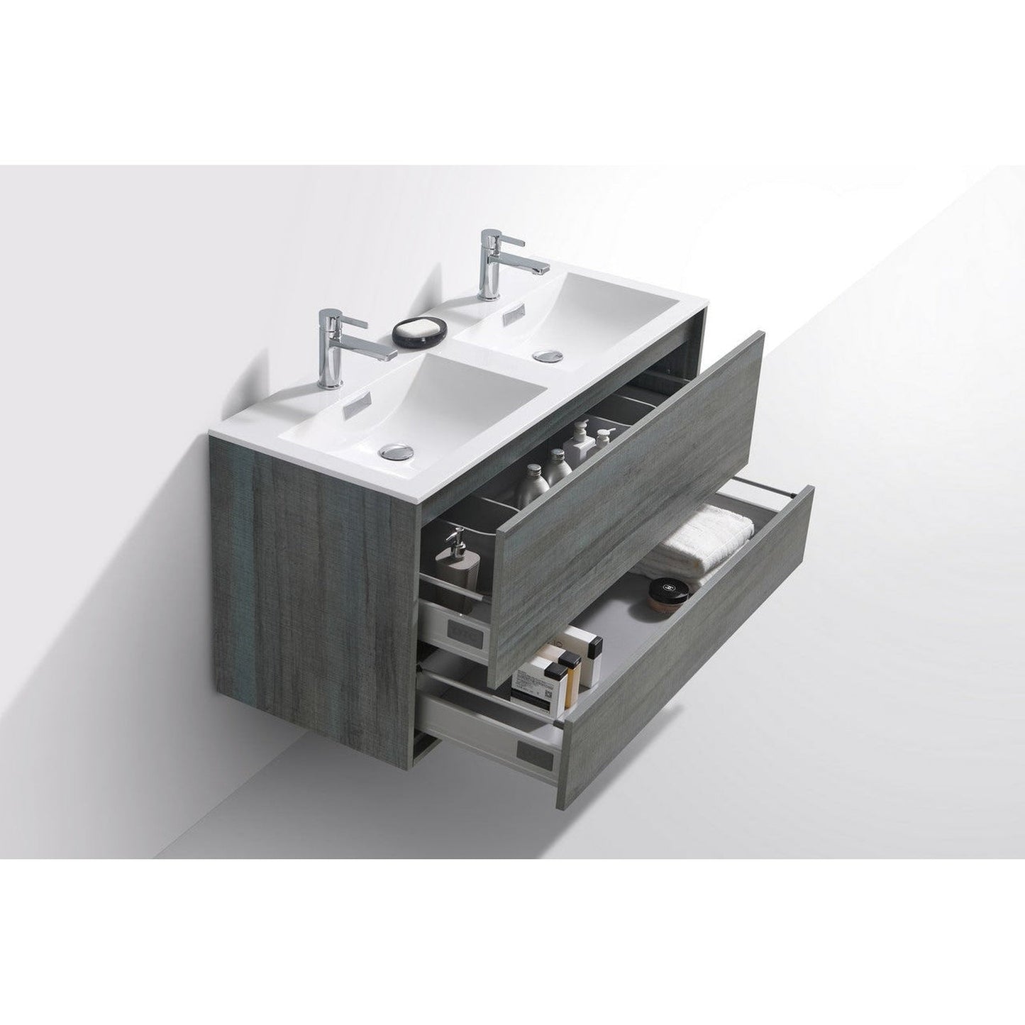 KubeBath DeLusso 48" Ocean Gray Wall-Mounted Modern Bathroom Vanity With Double Integrated Acrylic Sink With Overflow and 48" White Framed Mirror With Shelf