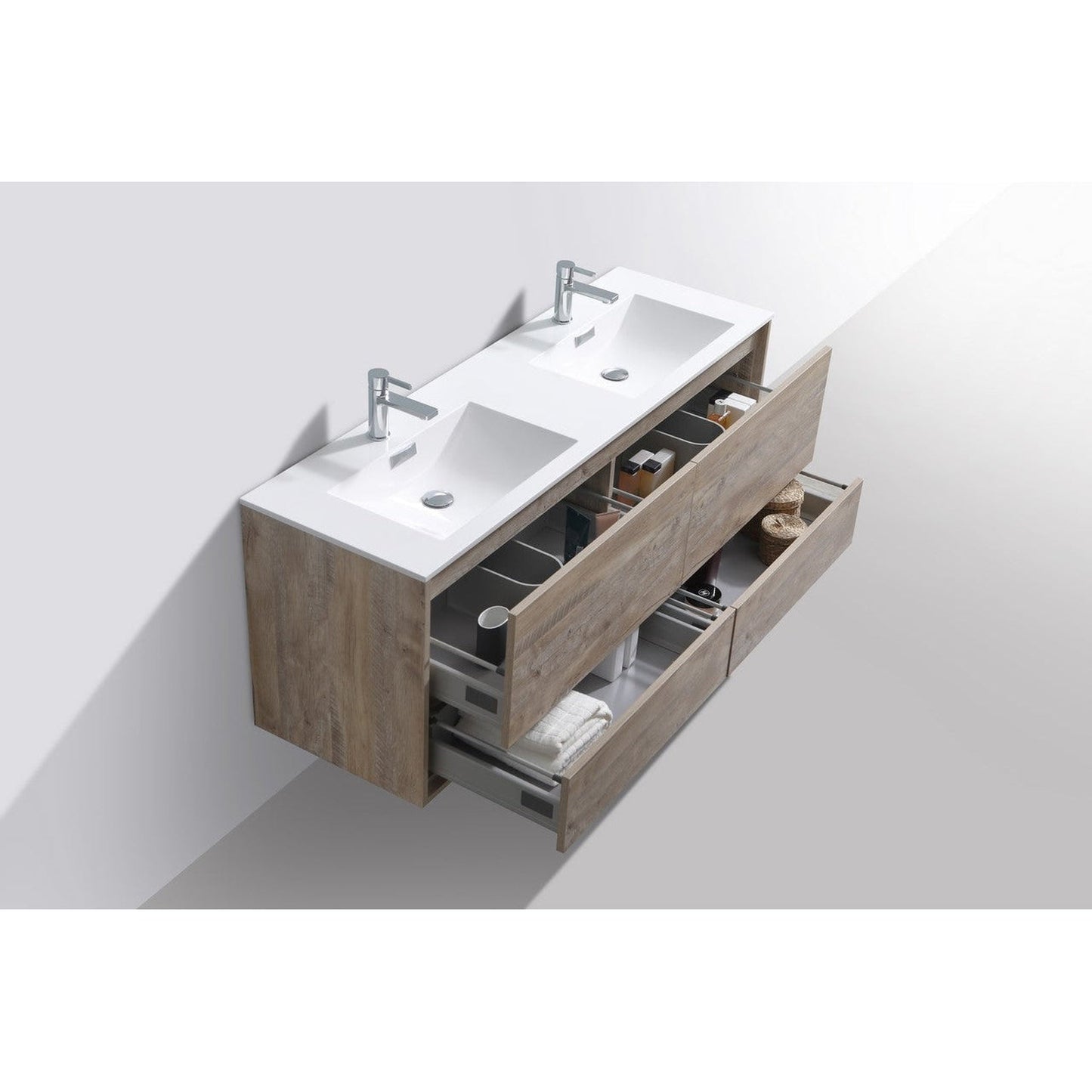 KubeBath DeLusso 60" Nature Wood Wall-Mounted Modern Bathroom Vanity With Double Integrated Acrylic Sink With Overflow