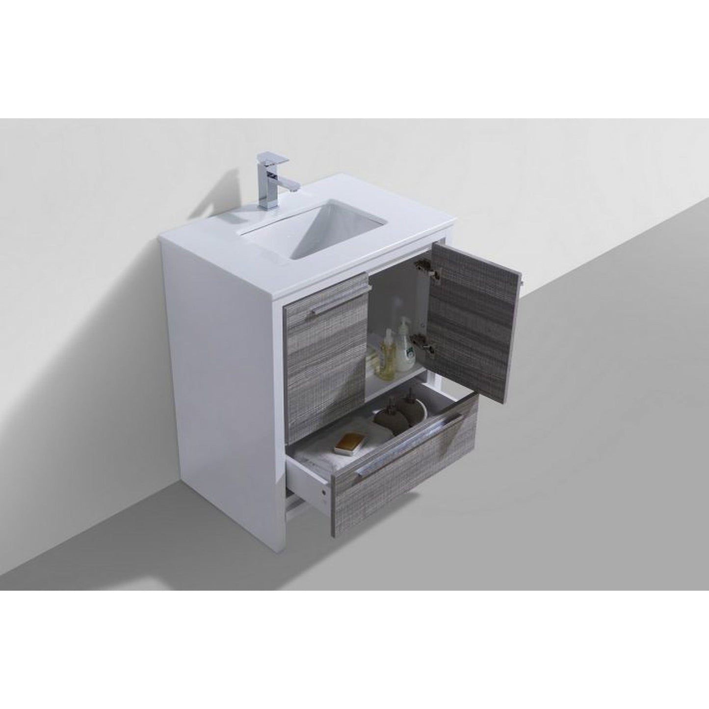 KubeBath Dolce 30" Ash Gray Freestanding Modern Bathroom Vanity With Quartz Vanity Top & Ceramic Sink With Overflow and 30" White Framed Mirror With Shelf