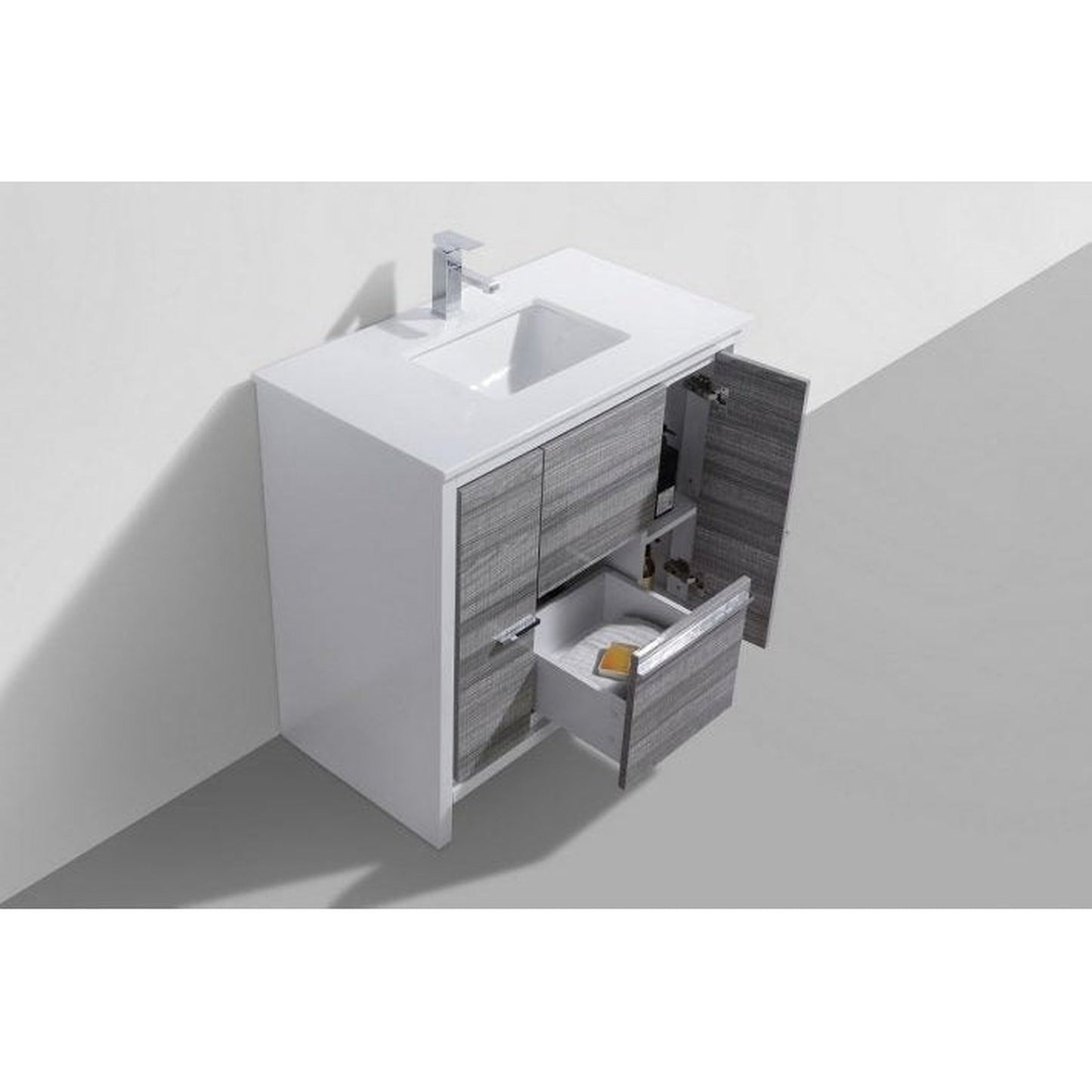 KubeBath Dolce 36" Ash Gray Freestanding Modern Bathroom Vanity With Quartz Vanity Top & Ceramic Sink With Overflow