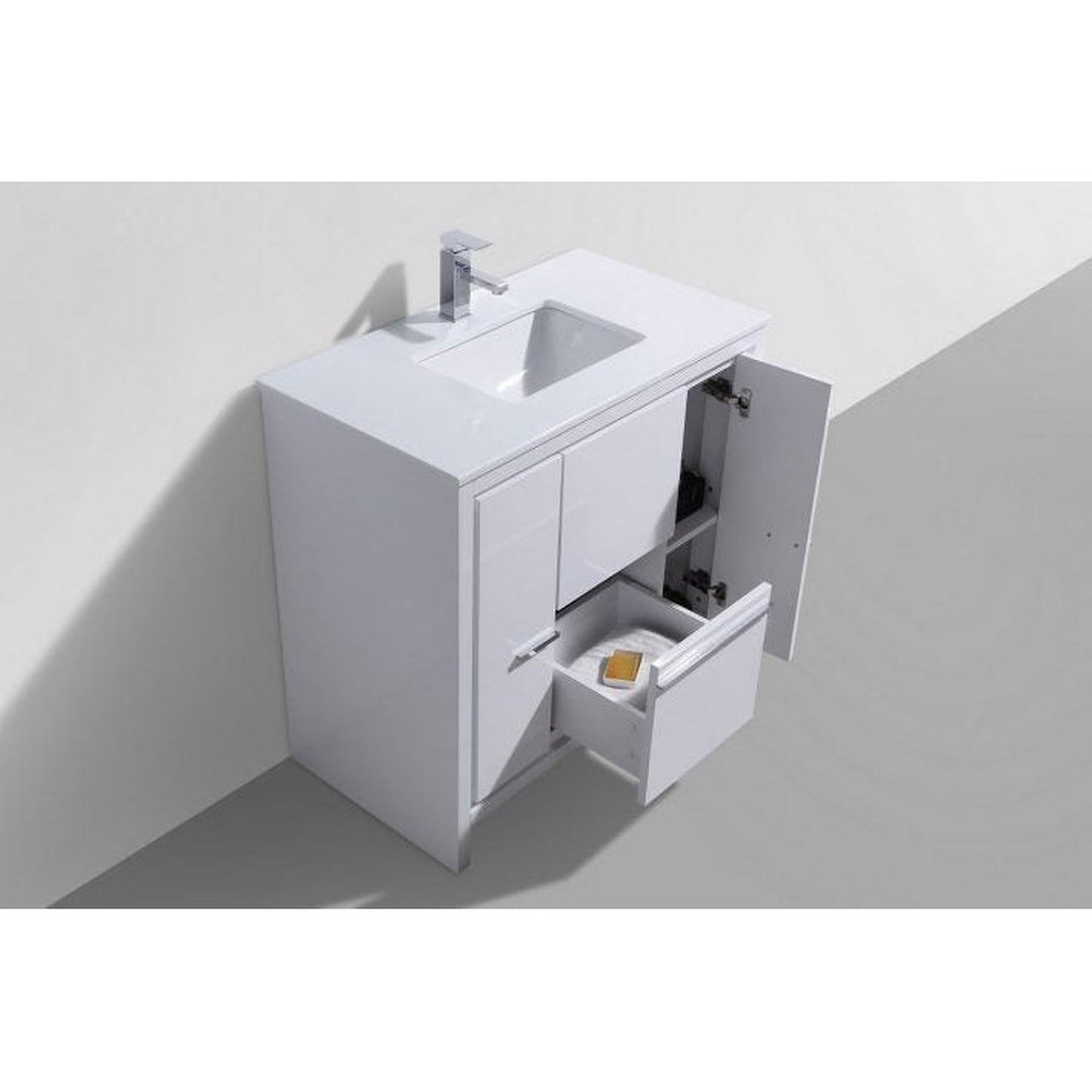 KubeBath Dolce 36" High Gloss White Freestanding Modern Bathroom Vanity With Quartz Vanity Top & Ceramic Sink With Overflow and 36" White Framed Mirror With Shelf