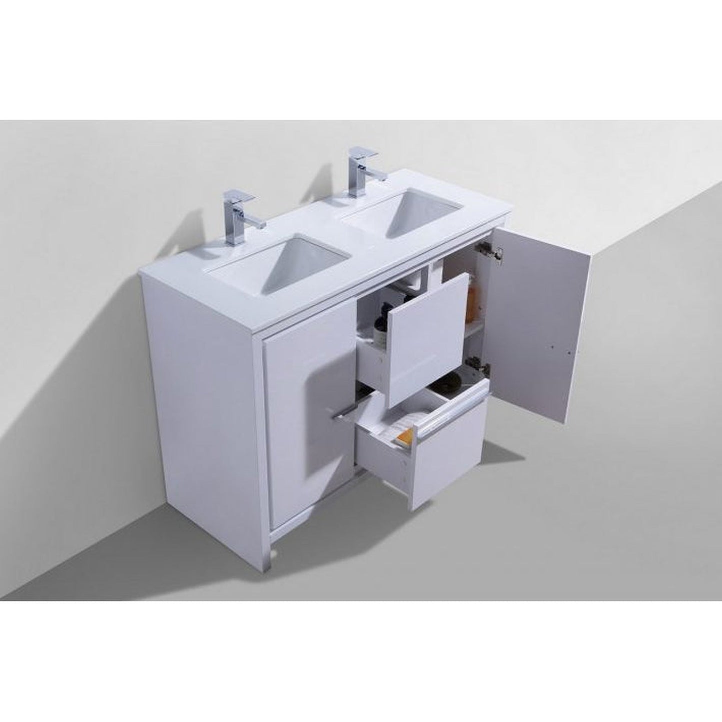 KubeBath Dolce 48" High Gloss White Freestanding Modern Bathroom Vanity With Quartz Vanity Top & Ceramic Double Sink With Overflow and 48" White Framed Mirror With Shelf
