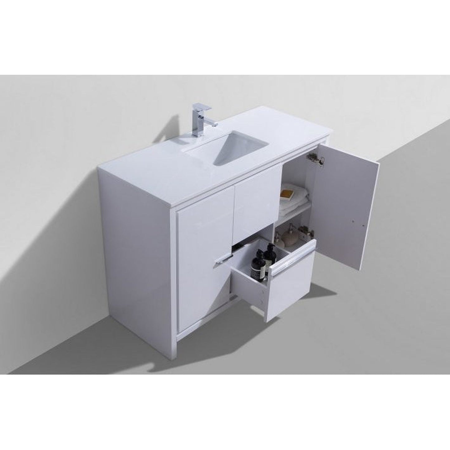 KubeBath Dolce 48" High Gloss White Freestanding Modern Bathroom Vanity With Quartz Vanity Top & Ceramic Sink With Overflow